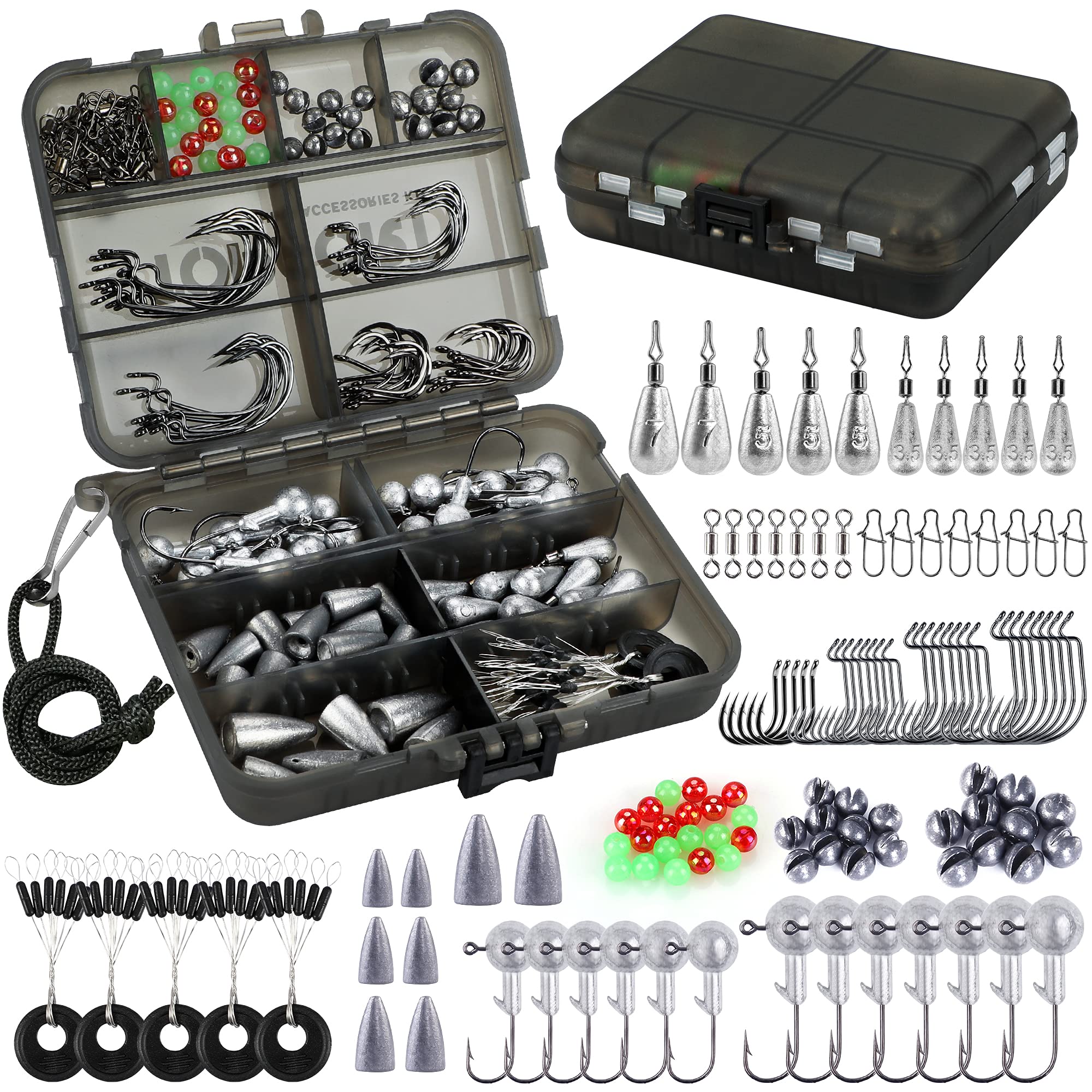 TOPFORT 187/230pcs Fishing Accessories Kit, Including Jig Hooks, Bullet Bass Casting Sinker Weights, Fishing Swivels Snaps, Sinker Slides, Fishing Set with Tackle Box…