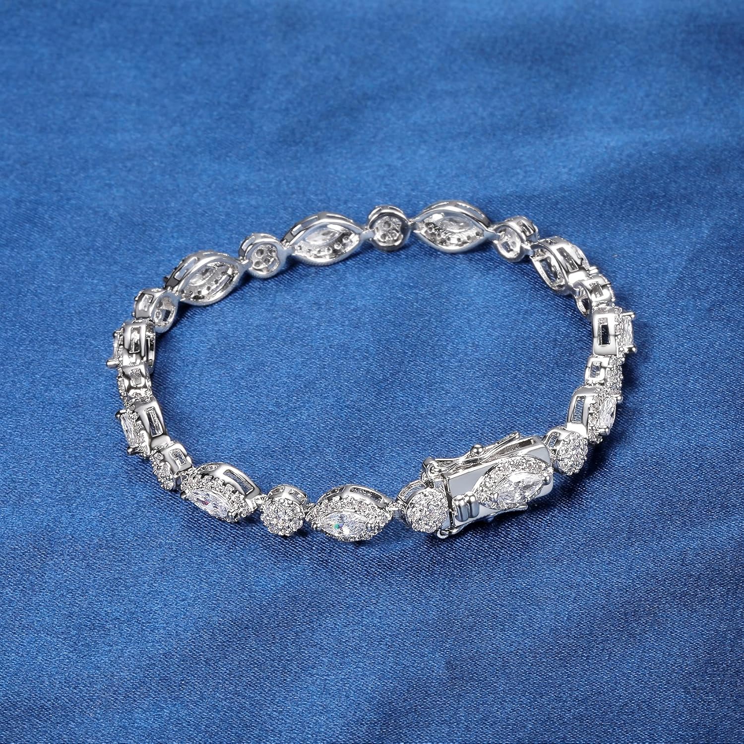 MDFUN Halo Tennis Bracelet for Women 18K White Gold Round and Horse Eye Cubic Zirconias, Size 8.5 inches - Image 2