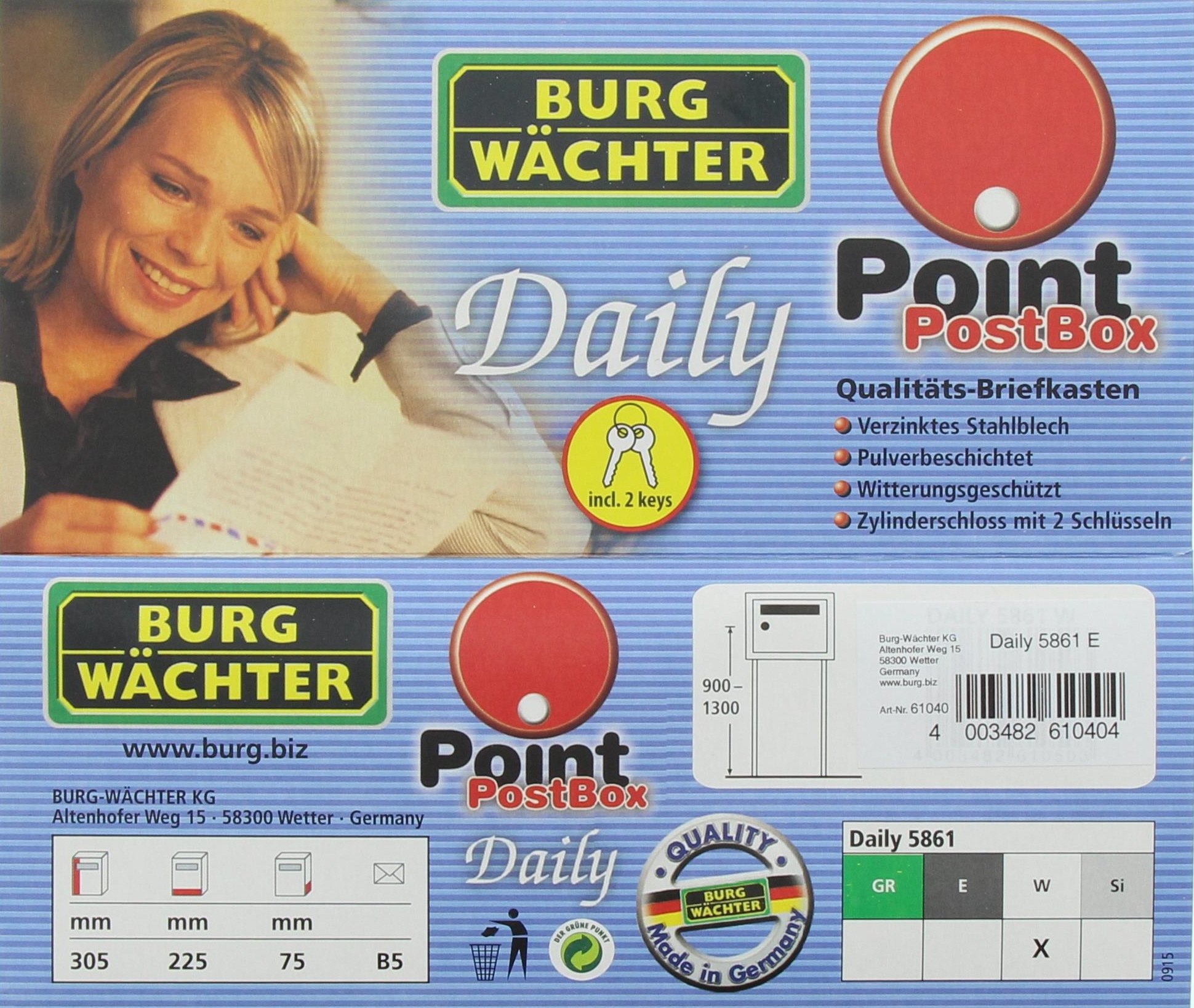 Burg-Wächter Daily 5861 E skrzynka na listy z rozkładanym dachem przeciwdeszczowym, format wrzutowy DIN B5, stal ocynkowana, żelazo