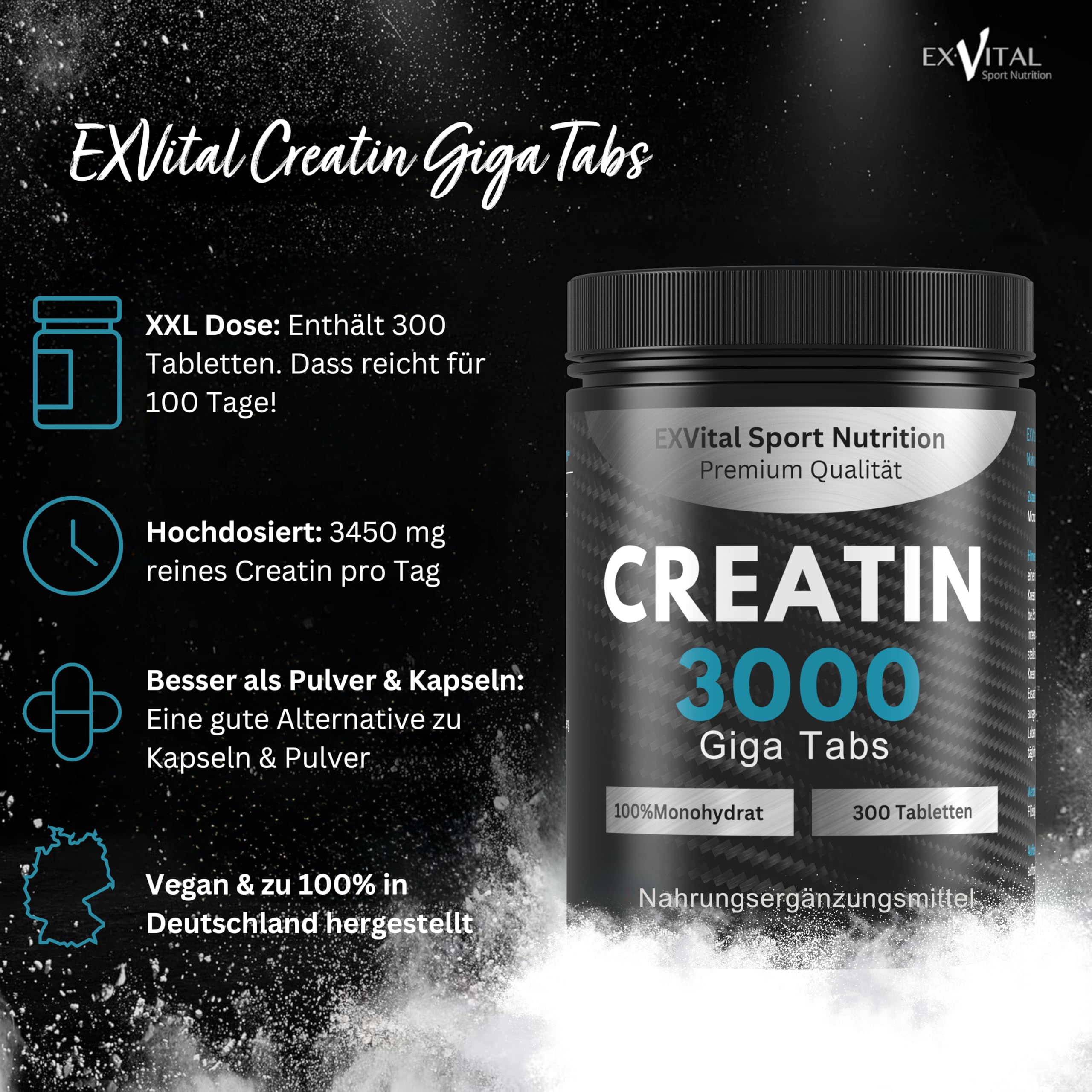 Creatin 3000 Giga Tabs, 3450mg Creatin Monohydrat pro Tagesdosis, 300 vegane Tabletten, Alternative zu Kreatin Kapseln & Pulver, Training, Sport, Fitness