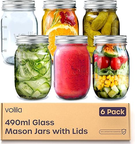 Tarro Mason con tapa, paquete de 6 tarros Mason de 16 onzas con tapa de 1 parte, tarros Mason de boca regular con tapas para avena durante la noche,