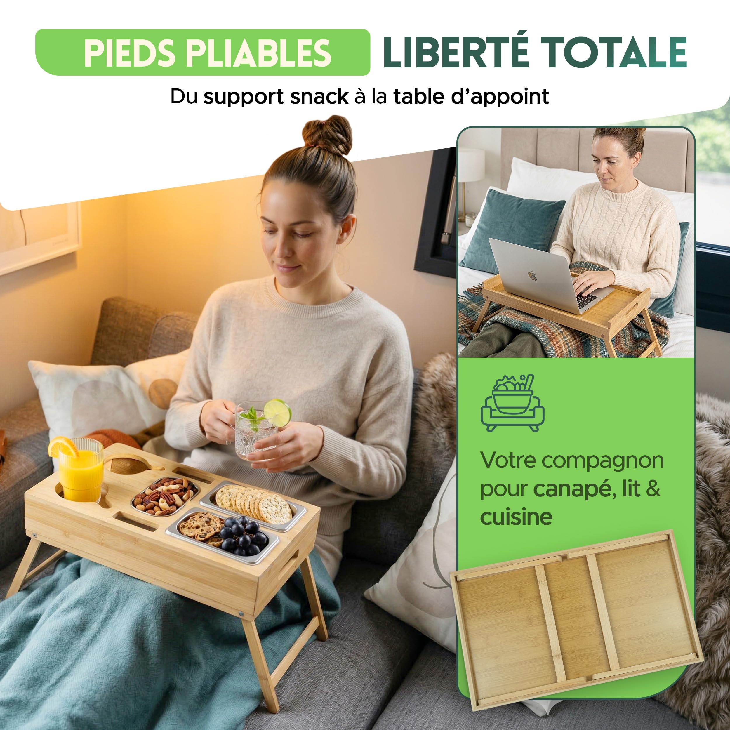 naturlik Plateau Canapé 3-en-1 avec Pieds Pliables – Plateau de Lit XL, Support Ordinateur & Bar de Canapé en Bambou – 3 Bols INOX & Porte-Gobelet – Organisateur Apéro Bois 46x27,5cm