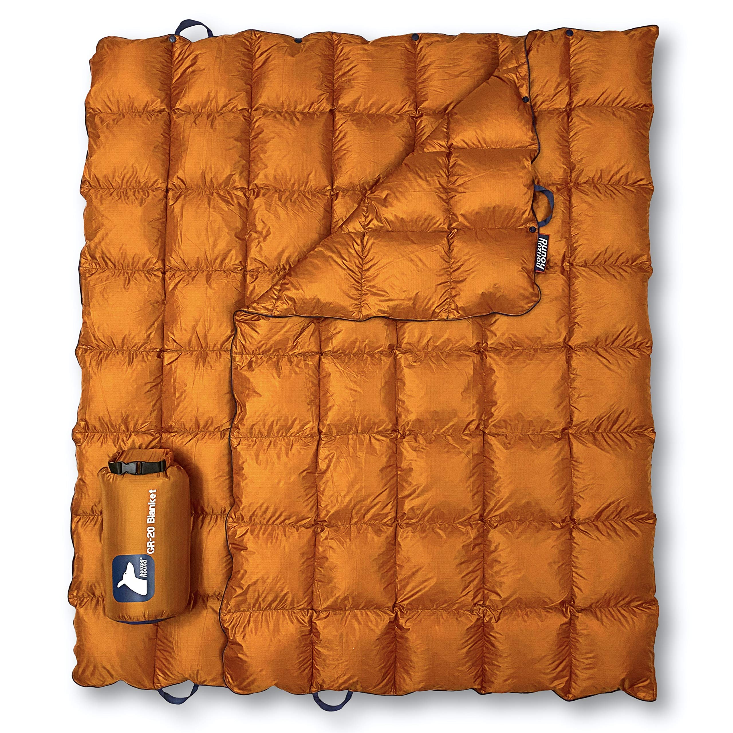 Horizon HoundGR-20 Down Camping Blanket - Outdoor Travel Quilt, Orange | Insulated, Lightweight & Warm Gear for Sleep, Camping, Stadium, Hiking & Festivals | Water Resistant, Packable & Compact
