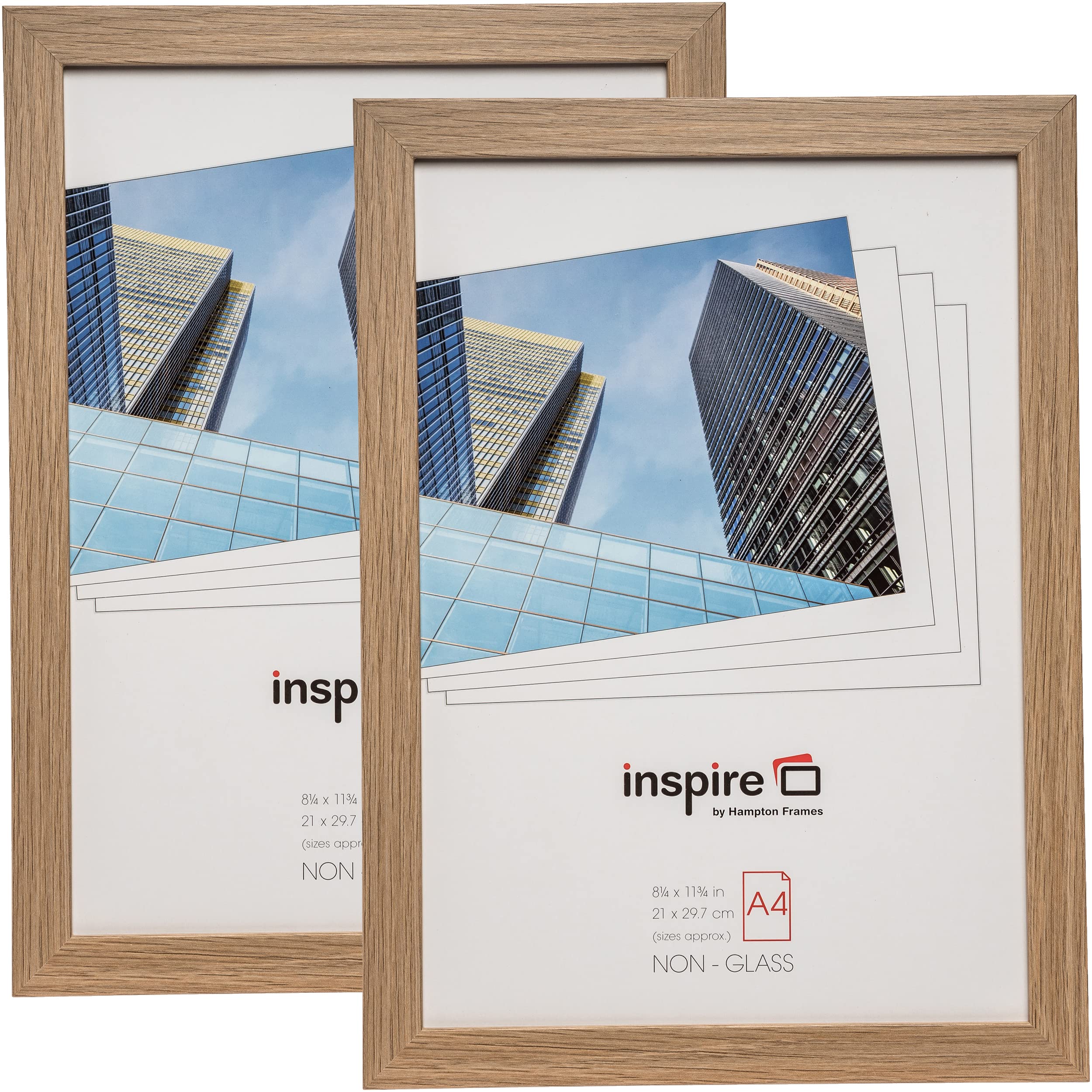 Hampton Frames | A4 Picture Frame Twin Pack | Oak Effect, 32.6x23.9cm, Engineered Wood, Plexi Front | Freestanding or Wall Mount | For Photo, Poster, Certificate Display