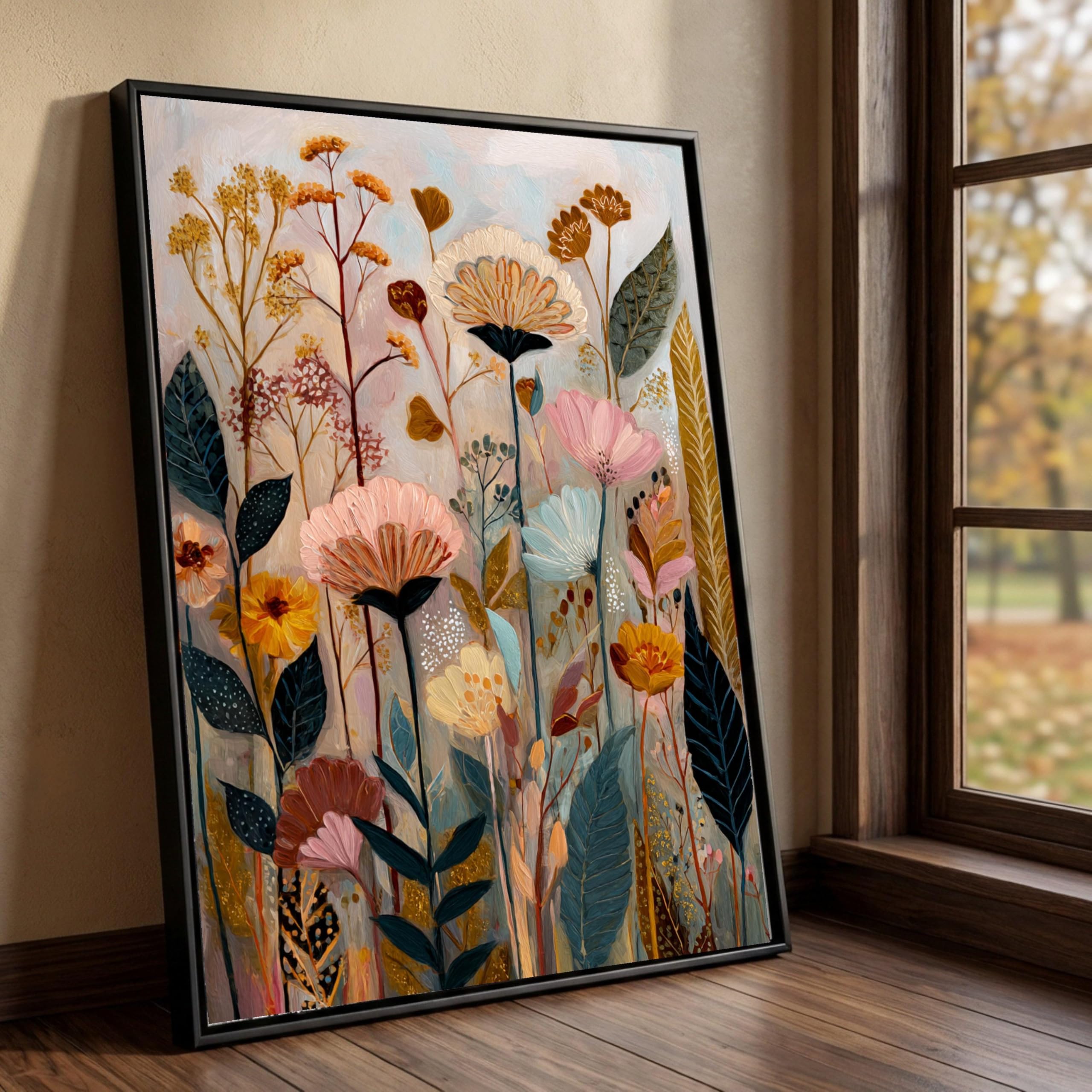 CAOXTART Abstrakcyjny kwiatowy obraz na płótnie, rustykalny plakat botaniczny, naturalna dekoracja kwiatowa do salonu, fototapeta do domu (50 x 75 cm/wewnętrzna rama)