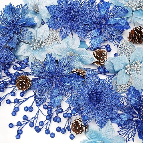 Miniatura 6 de Hommtina 56 piezas de decoraciones de Navidad, 4 estilos de flores de Pascua artificiales, bayas con purpurina, tallos de árbol con piñas y tallos