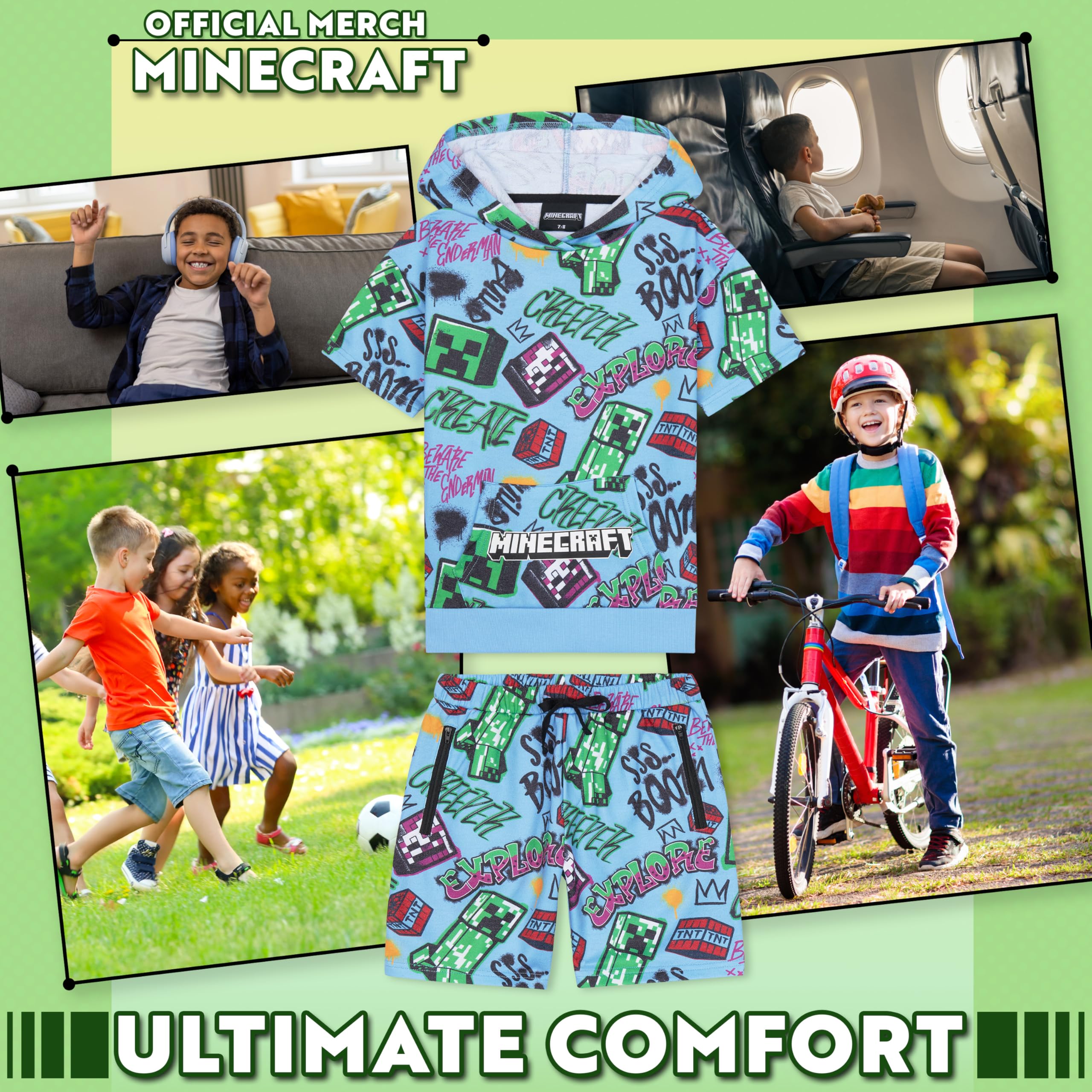 Minecraft Conjunto de 2 piezas de sudadera con capucha y pantalones cortos para niños y adolescentes, de manga corta, con capucha, bolsillos con cremallera, ropa deportiva casual