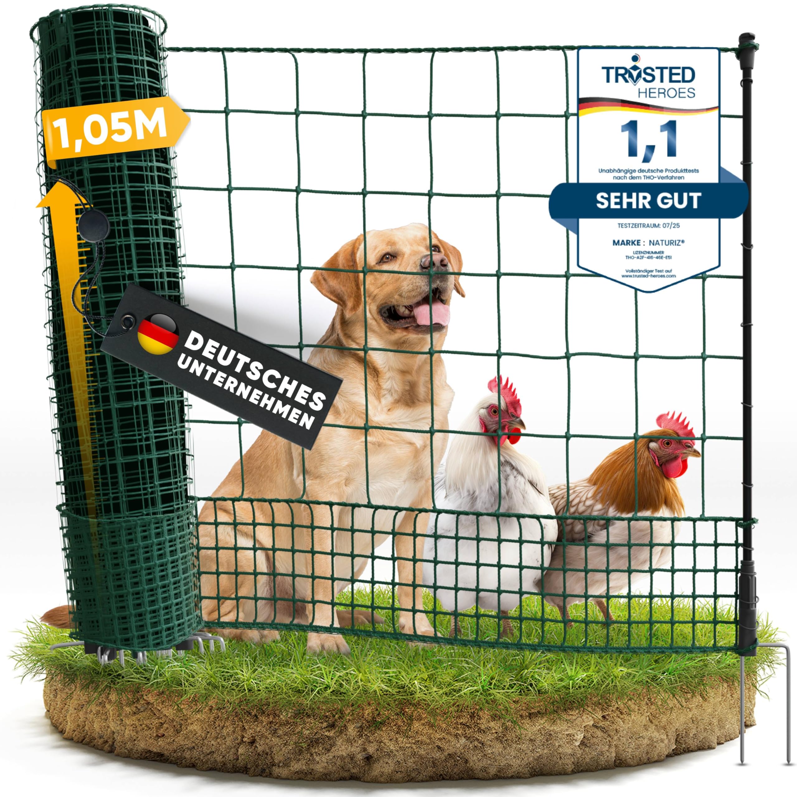 NATURIZ® Weidezaun 105cm hoch - mobiler Hundezaun & Hühnerzaun, Camping Zaun für Hunde ohne Strom, Begrenzungszaun, Steckzaun (15m)