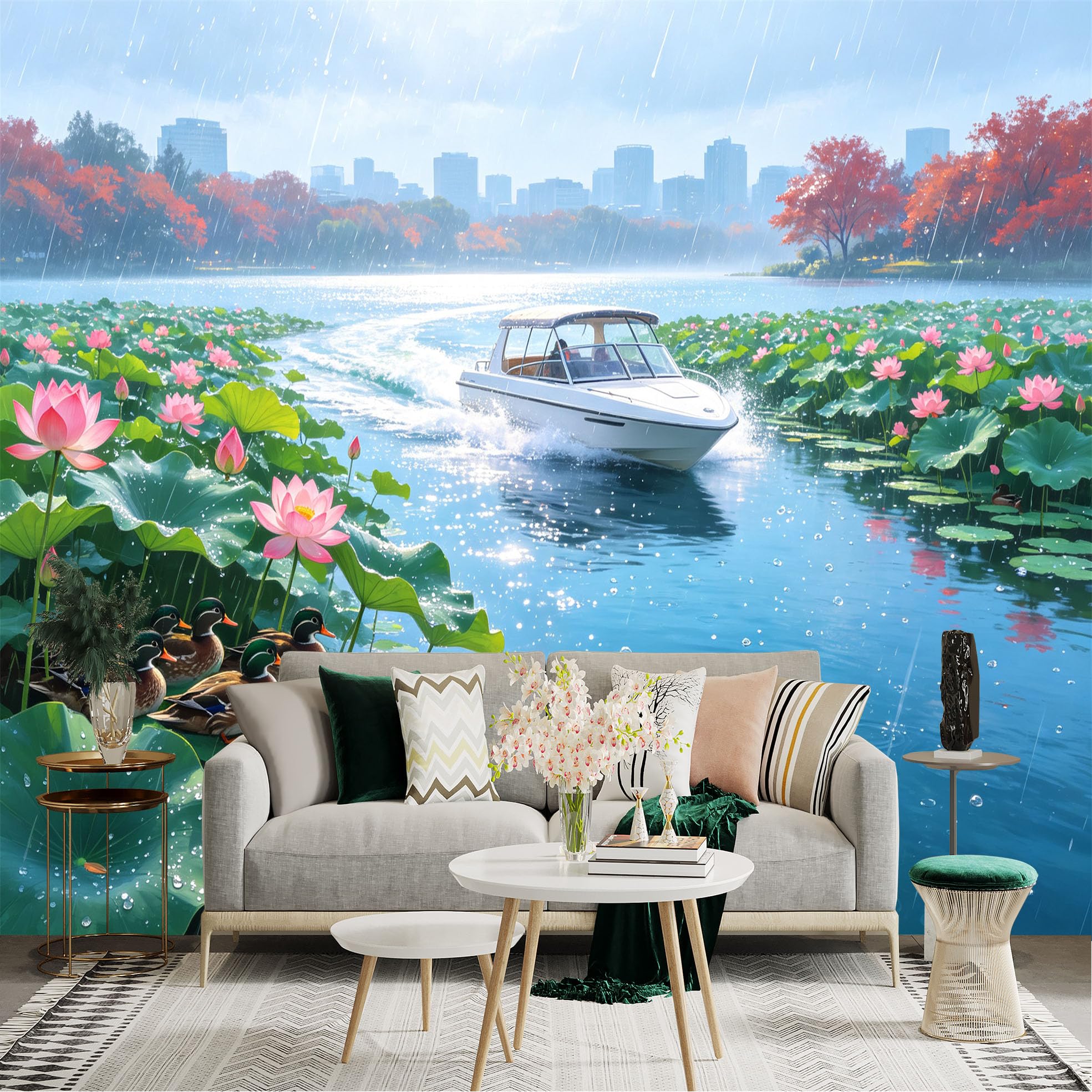 Custom Size Wall Sticker Mural， Speedboat on Lotus Lake， Cityscape in Rain， Ducks Swimming， for wall Decoration， peelandstick wall Decals.