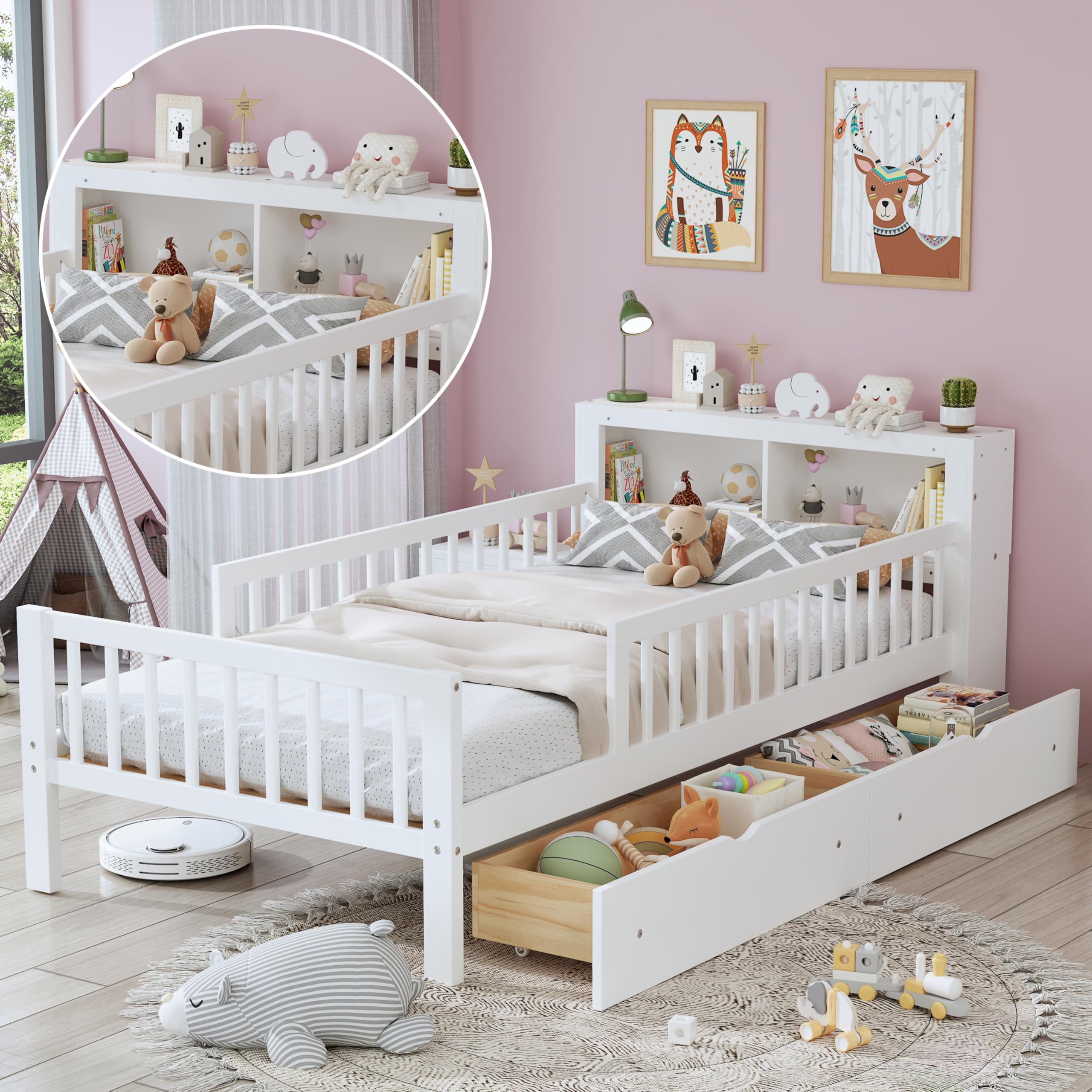 Bellemave Kids Twin Bed Frame with Storage Headboard, Wooden Platform Bed with 3 Side Guardrails and 2 Drawers, Twin Size Bed Frame, No Box Spring