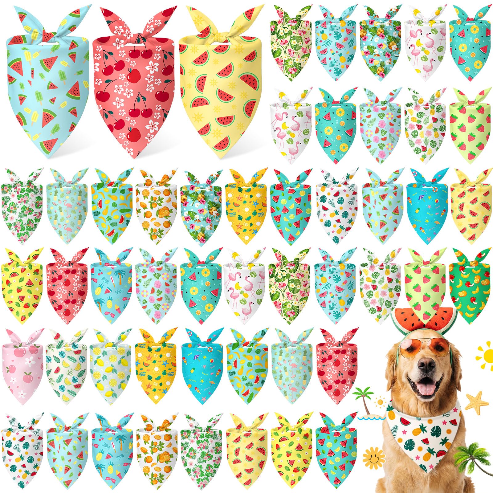 Abbylike 50 Pieces Summer Themed Dog Bandanas Bulk Hawaiian Dog Bandanas for Pets Triangle Kerchief Scarf Bibs Set for Summer Pets Dogs Party Costume Accessories, 25 Styles (25.6 x 17.7 x 17.7)