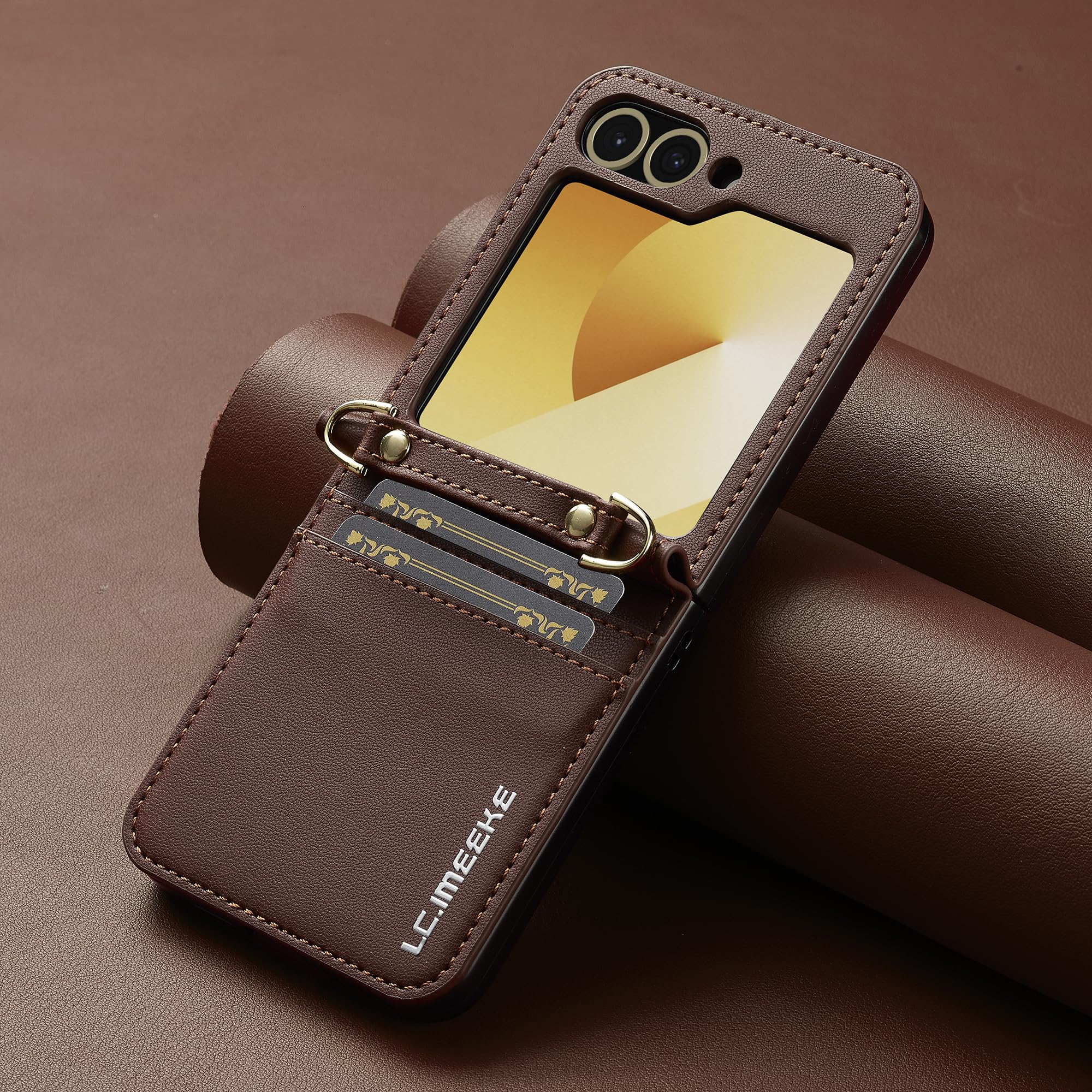 Etui z klapką ze skóry PU z podstawką do Samsung Galaxy Z Flip 6, stylowe, z miejscem na karty, paskiem na rękę i paskiem na ramię (brązowy)