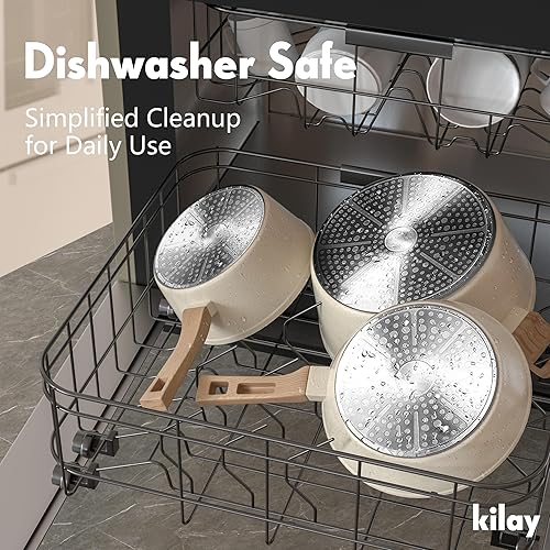 Miniatura 4 de KILAY Juego de utensilios de cocina antiadherentes, ollas y sartenes de granito blanco, juego de cocina antiadherente con sartenes, cacerolas y