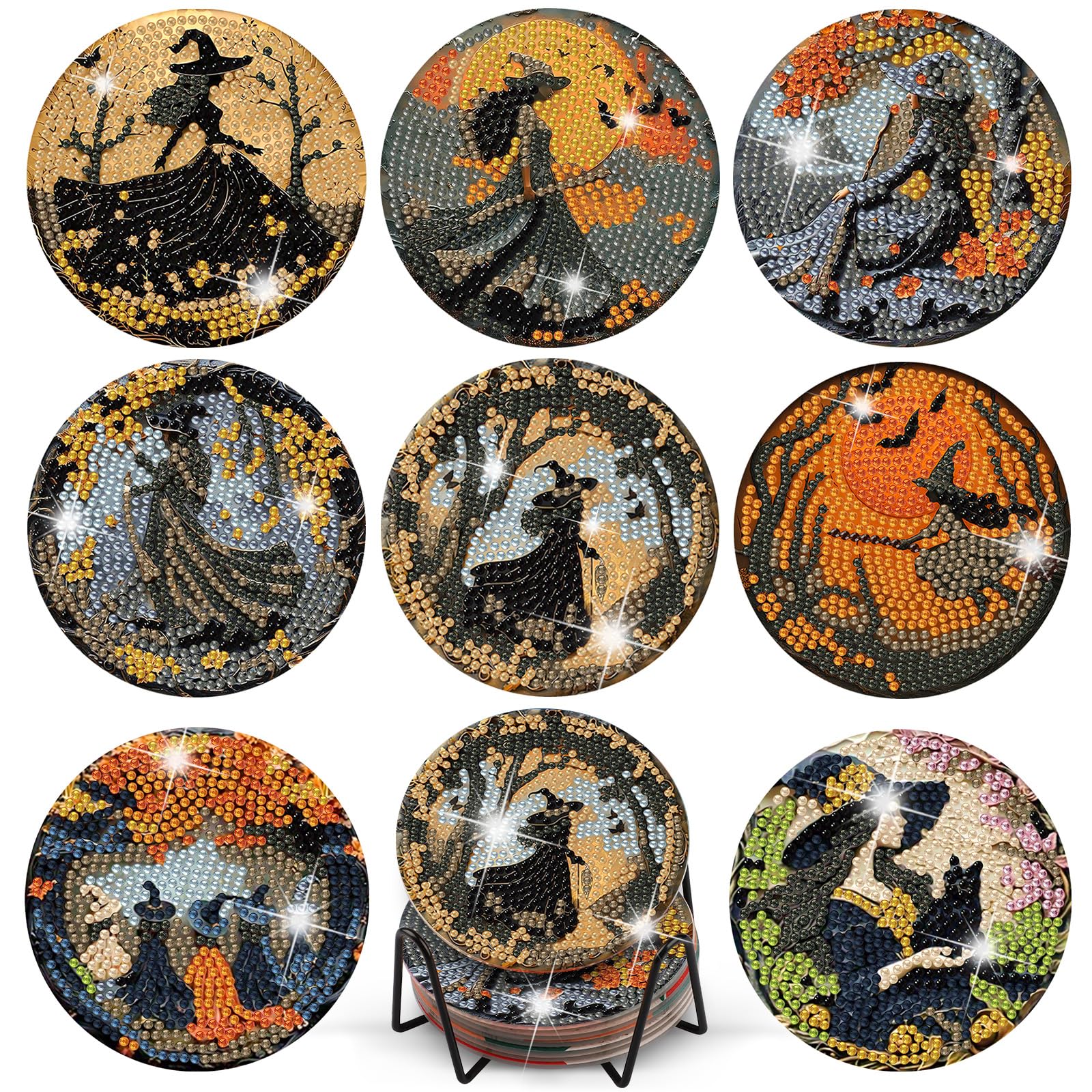 TLIOBLO Witch Diamond Art Coasters with Holder, DIY Halloween Diamond Painting Coasters for Adults, Coffe Drink Cup Pad with Cork Backing for Table Protection Decoration