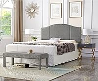 Vista 18 de 24KF Middle Century - Cabecera capitonada tapizada en lino con clavos de latón antiguo, cabecera Queen / Matrimonial, color gris oscuro