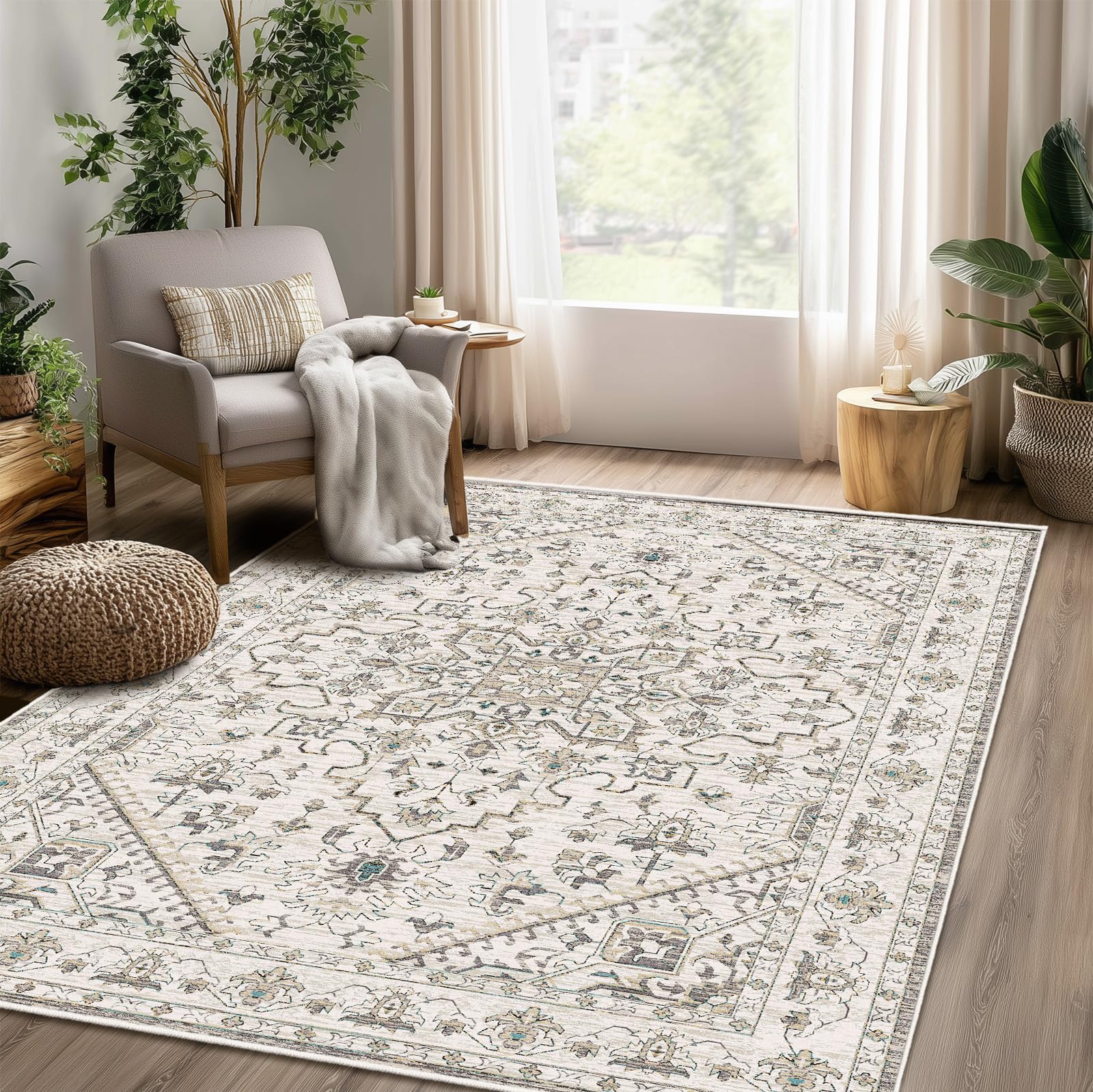 Boho Area Rug 5x7ft Ultra Soft Machine Washable Non Slip Rugs for Living Room Bedroom Indoor Vintage Style