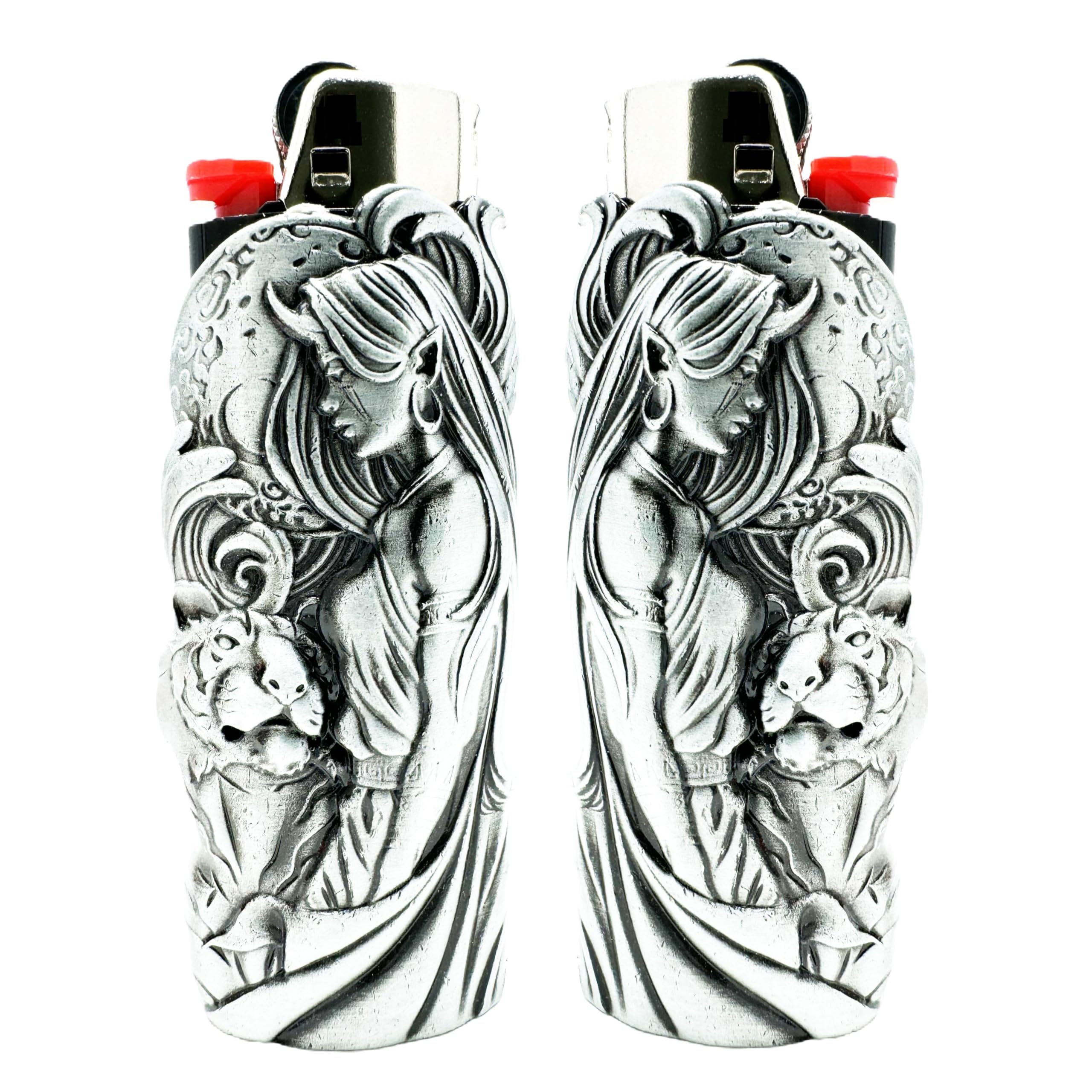 Metal Lighter Case Cover Holder fits BIC Lighter Full Standard Size J6 One Piece Design in Moon and Tiger
