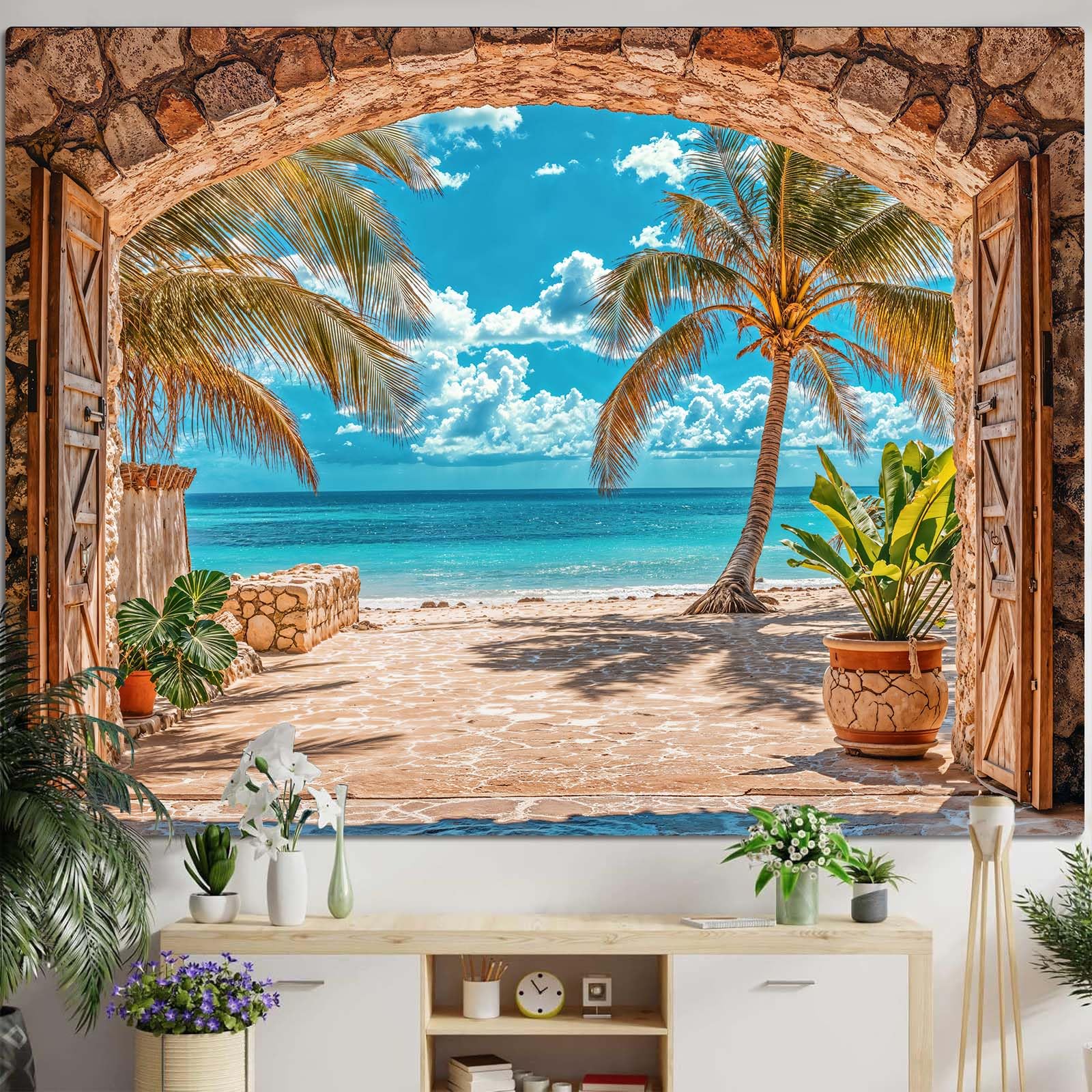 Lifeella Beach Landscape Window Tapestry, Tropic Ocean Palm Tree Seaside Wall Backdrop, Summer Mural for Living Room Bedroom Office Decor, 36x48 inches