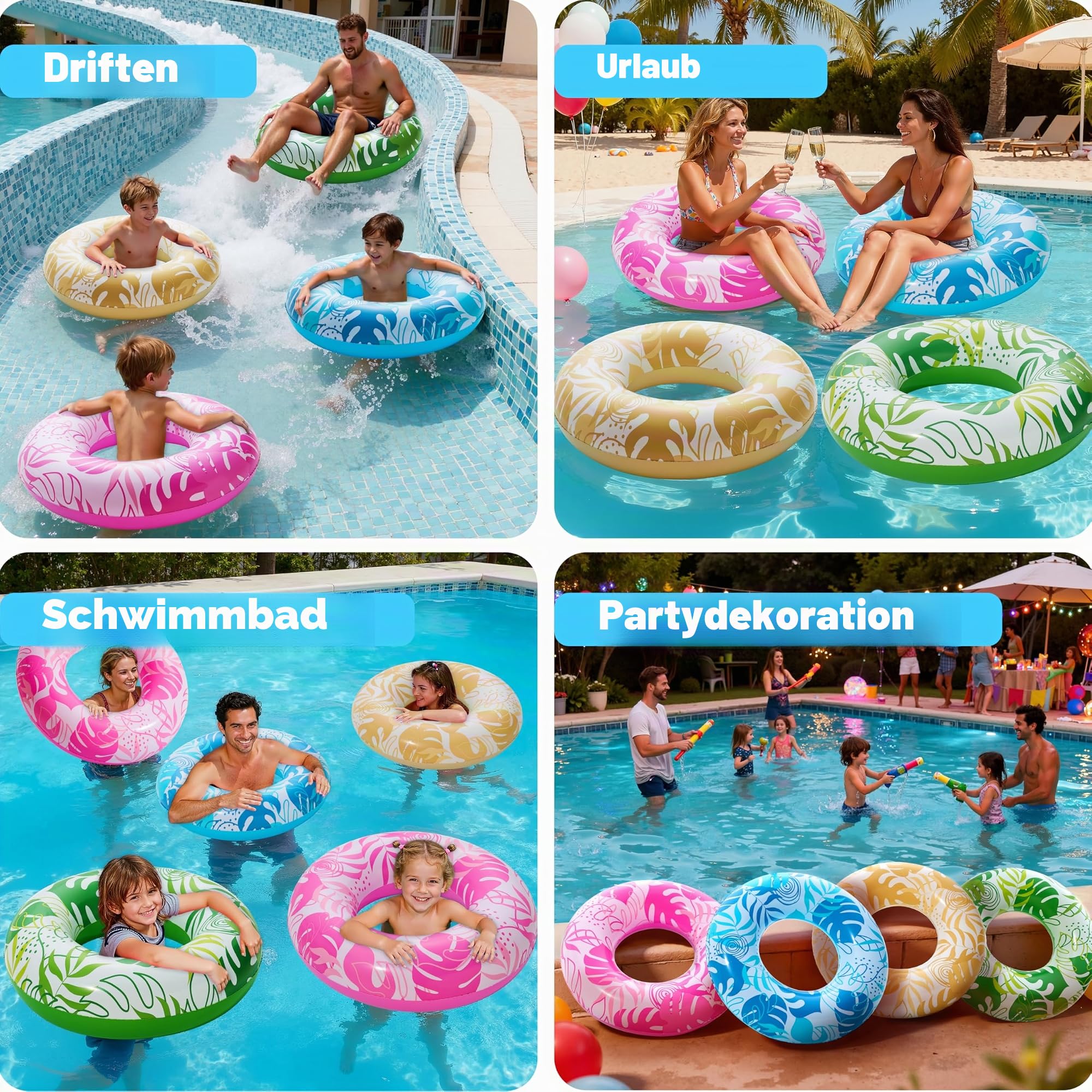 Sloosh Aufblasbare Pool-Schwimmer, Pool-Ringe, Schwimmschläuche, Schwimmspielzeug, Strandschwimmen, Party-Spielzeug für Kinder und Erwachsene, 4 Stück