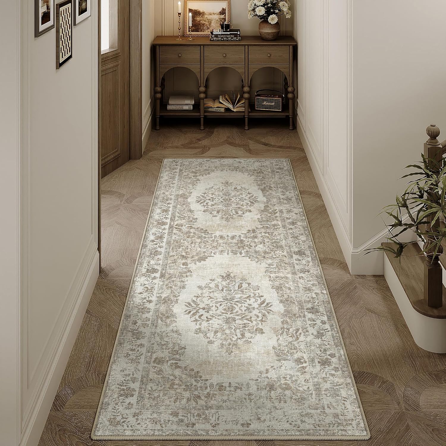 PureCozy 2x6 Runner Rug Beige Washable Hallway Kitchen Bedroom Vintage Distressed Bathroom Non Slip Medallion Floral Carpet Indoor Retro Throw Floor Mat for Office Dining Laundry Living Room