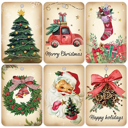 60 Vintage Christmas Gift Tags, Christmas Gift Tags with String, Christmas Hanging Tags with Santa Claus, Perfect for Christmas Gift Wrapping Holiday Home Decor (2’’ x 3’’)