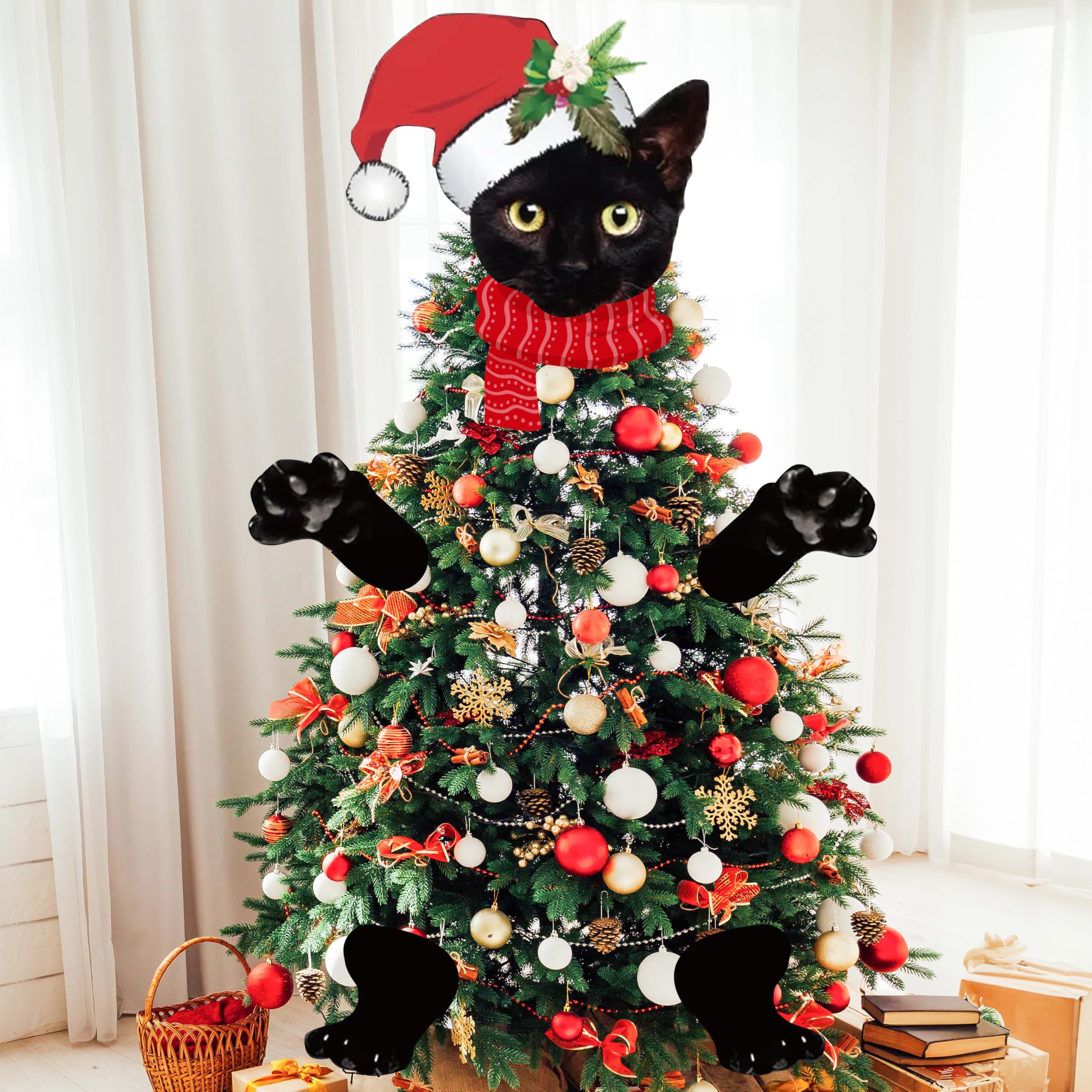 TICIAGA Black Cat Christmas Tree Topper - 20Pcs Large Size Black Cat Tree Topper with Santa Hat for Xmas Decoration Tree Decor with Head Arms and Legs for Gift Christmas Indoor Outdoor Home Decor