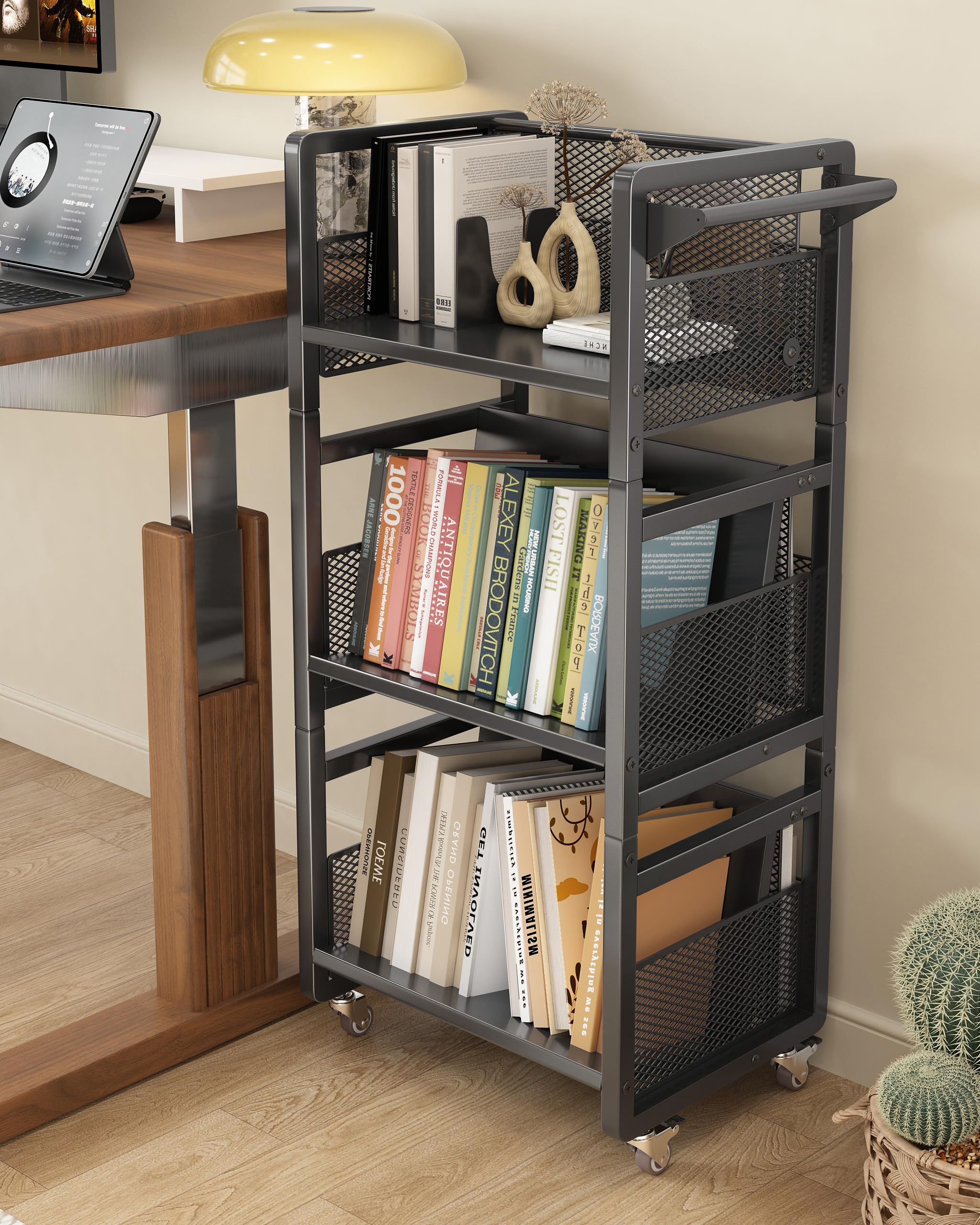 Noskox Mobile Bookshelf with Wheels, Metal 3-Tier Book Trolley