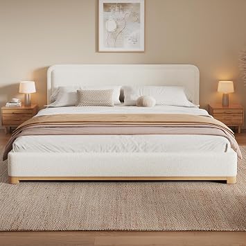 Christopher Knight Home Robey King Size Platform Bed Frame, Boucle Fabric King Size Bed Frame and Headboard, Modern King Bed Set, Wooden Slat Support, No Box Spring Needed, Easy Assembly, White