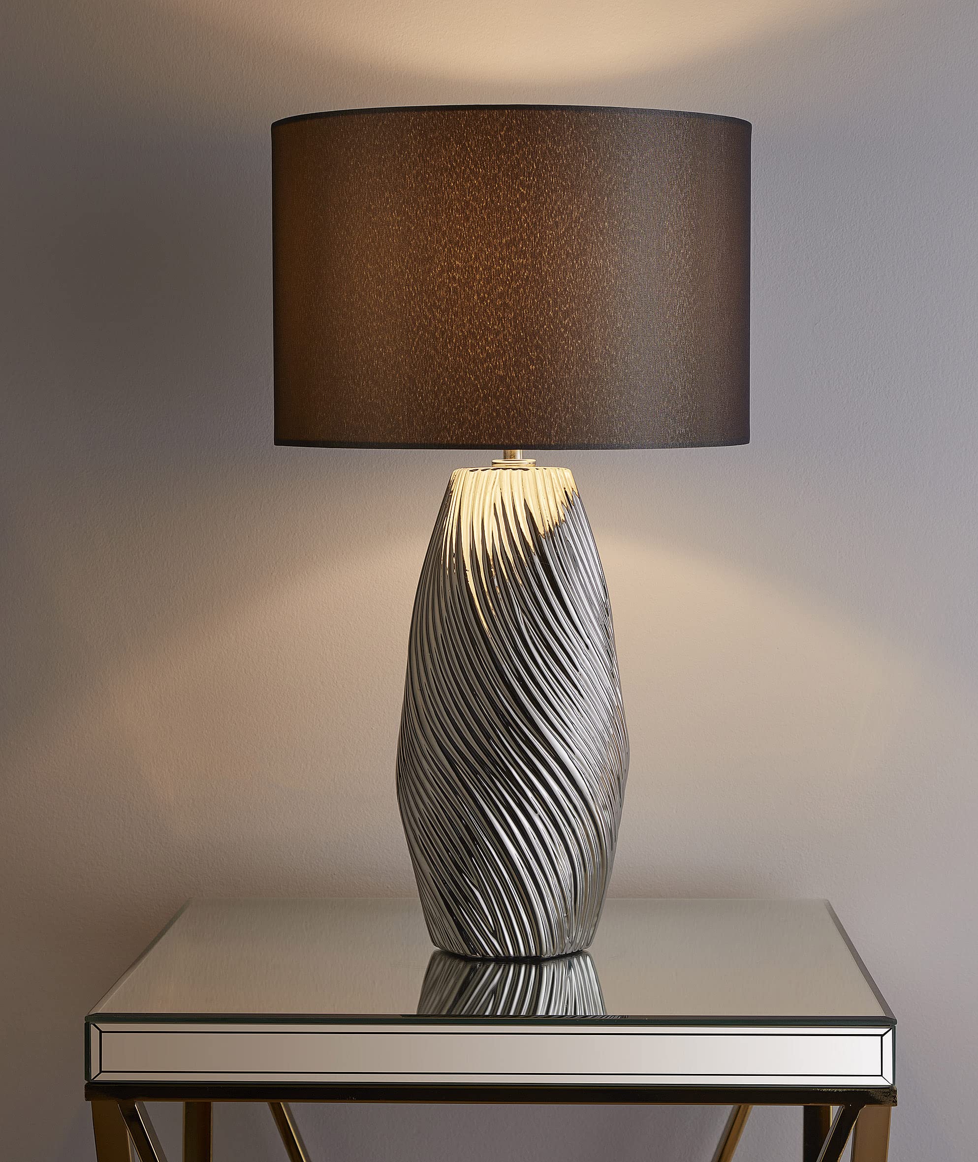 K Living Grey,Silver Tall Ceramic Silver Table Lamp With A Round Dark Grey Lamp Shade Swirl Pattern
