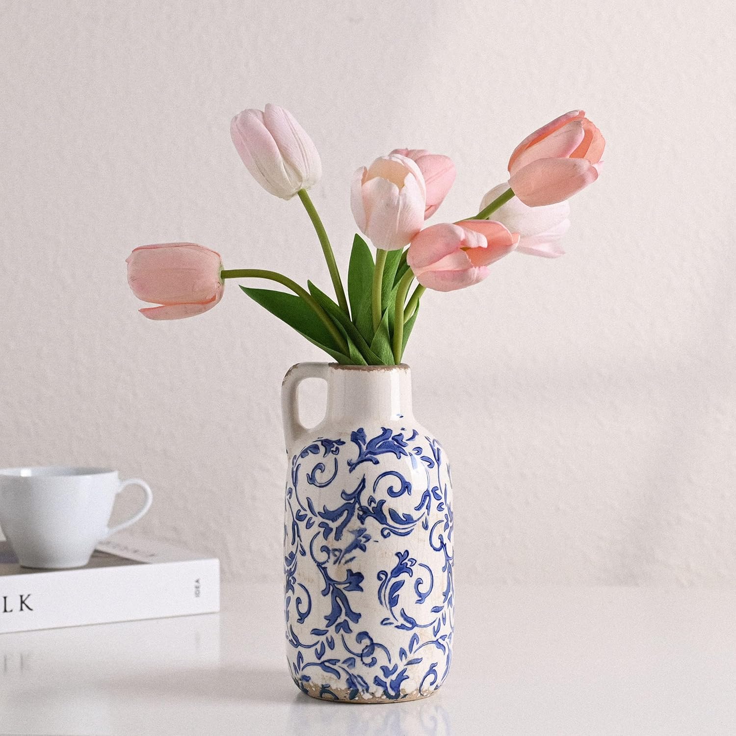 VICTOR & TERESA Blue and White Ceramic Vase for Flowers, Rustic Vase Home Decor for Pampas Grass, Farmhouse Decorative Vases for Mantel, Living Room, Shelf, Centerpieces, 7'', Gifts for Mom - Image 2