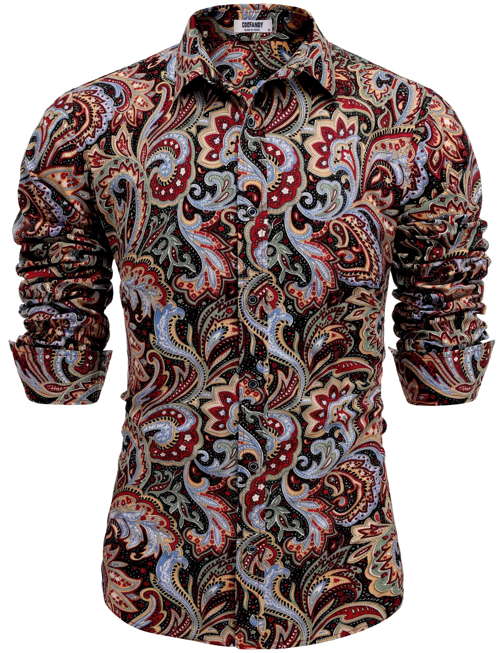 COOFANDYMen's Paisley Cotton Long Sleeve Shirt Floral Print Casual Retro Button Down Shirt