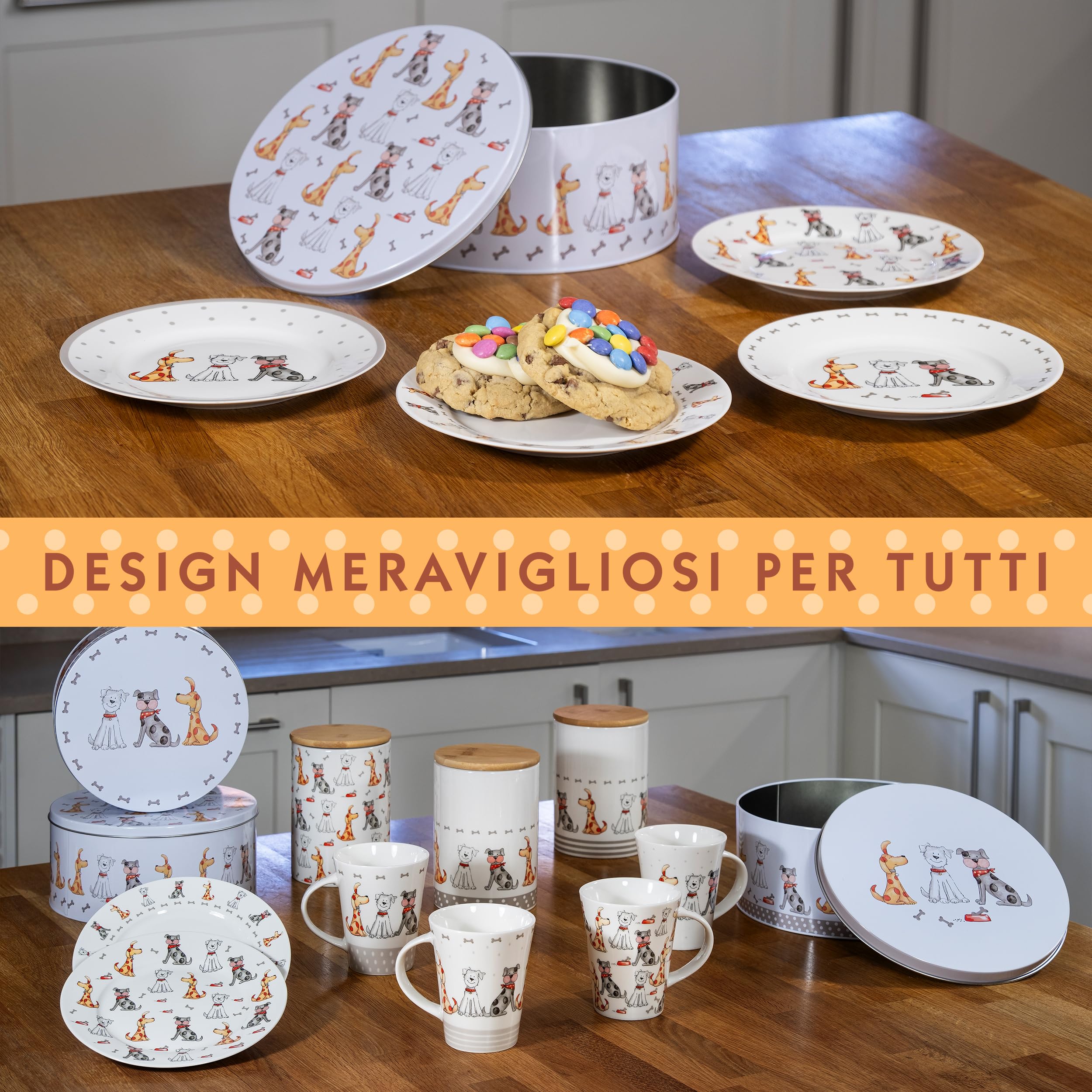 SPOTTED DOG GIFT COMPANY Piattini da Dessert, Set di 4 Piatti in Ceramica, Piatti per Torte, Frutta e Antipasti, Insalata, Adatti al Microonde e alla Lavastoviglie 19 cm - Cani