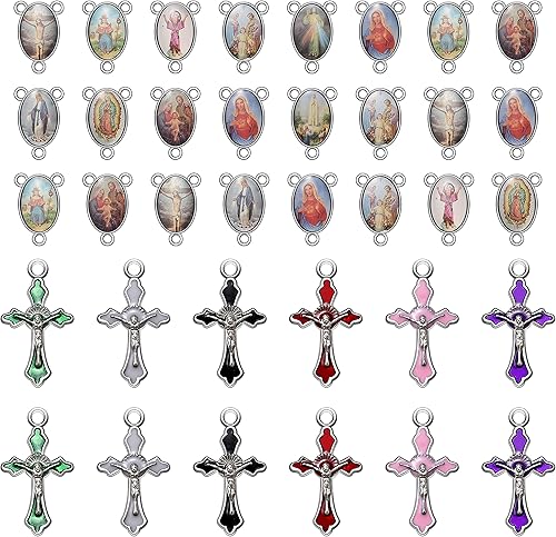 60 unids30 unidades de aleación esmaltada de San Benito Rosario Cruz y centro milagrosos dijes ovalados de Nuestra Señora Colgantes Candelabro para