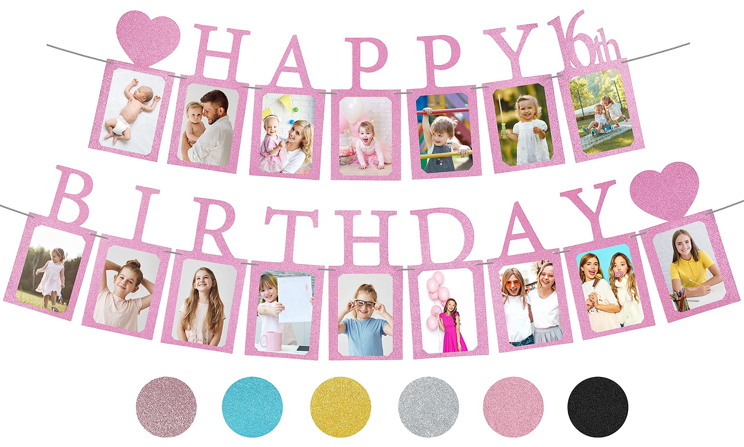 Sweet 16 Birthday Decorations Photo Banner in Purple Pre-assembled - Sweet 16 Banner WITH Sixteen Photo Card Frames Party Supplies - Happy 16th birthday decorations for girls with 16 Signs