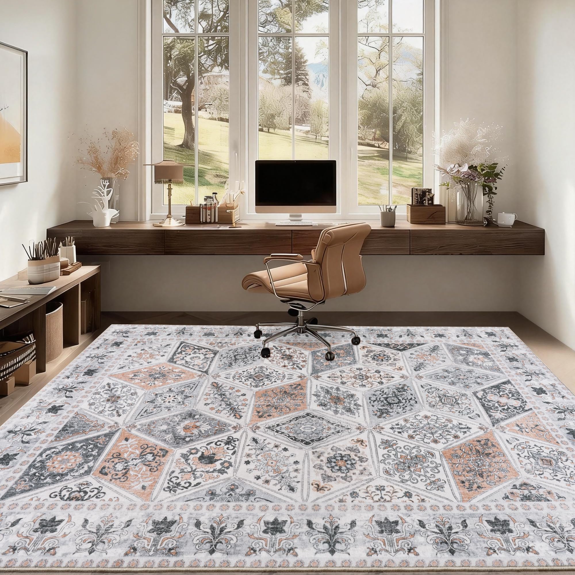 Beige Großer Vintage Kurzflor Teppich Wohnzimmer, 200x300 cm | Boho Waschbarer Teppich, Rutschfester Schlafzimmer Teppiche, Geometrisch Rauten Muster Carpet für Esszimmer Büro Küche