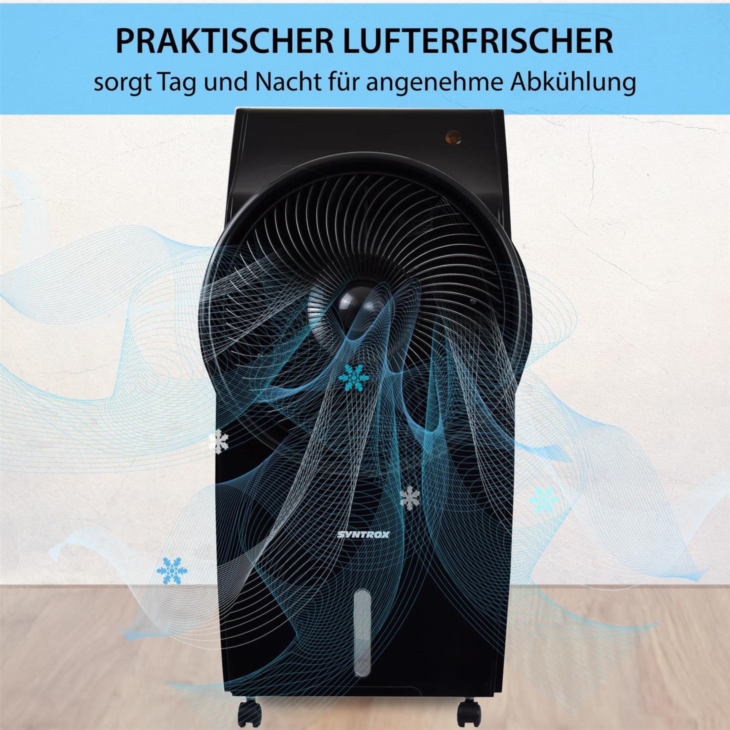 Syntrox Verdunstungskühler Wasser gekühlt Blowy | Ventilator | Wasserkühler, Ventilator mit Luftbefeuchter, 95 Watt, mit Rollen und Fernbedienung, Timer-Funktion