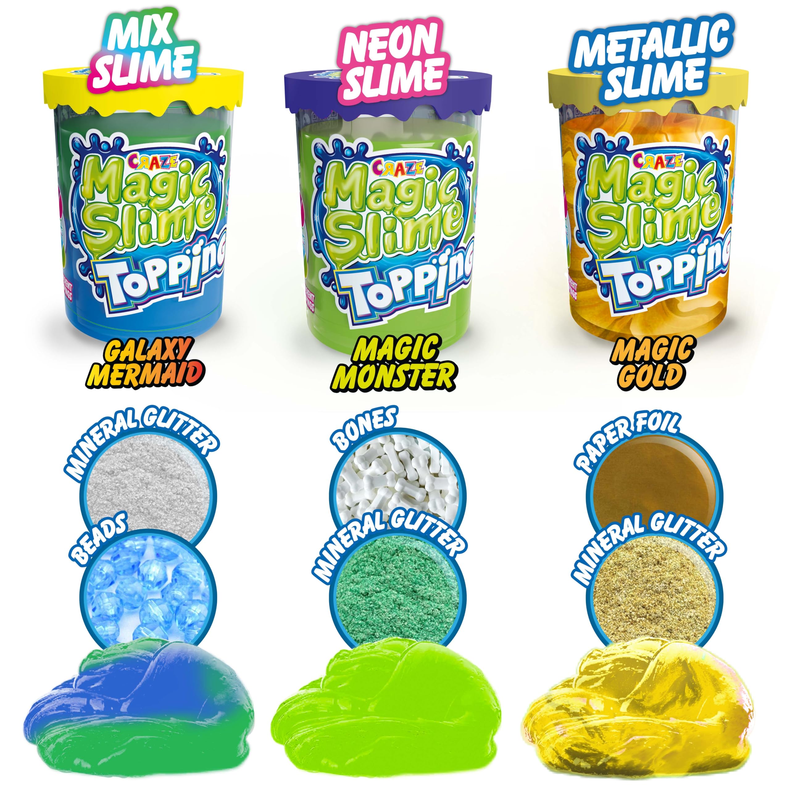 CRAZE Magic Slime Topping Fantasy - Zestaw 3 słoików na kleiste ciasto dla dzieci 3X 70 ML z cekinami i różnymi nadzieniami - bezpieczny i bez pozostałości