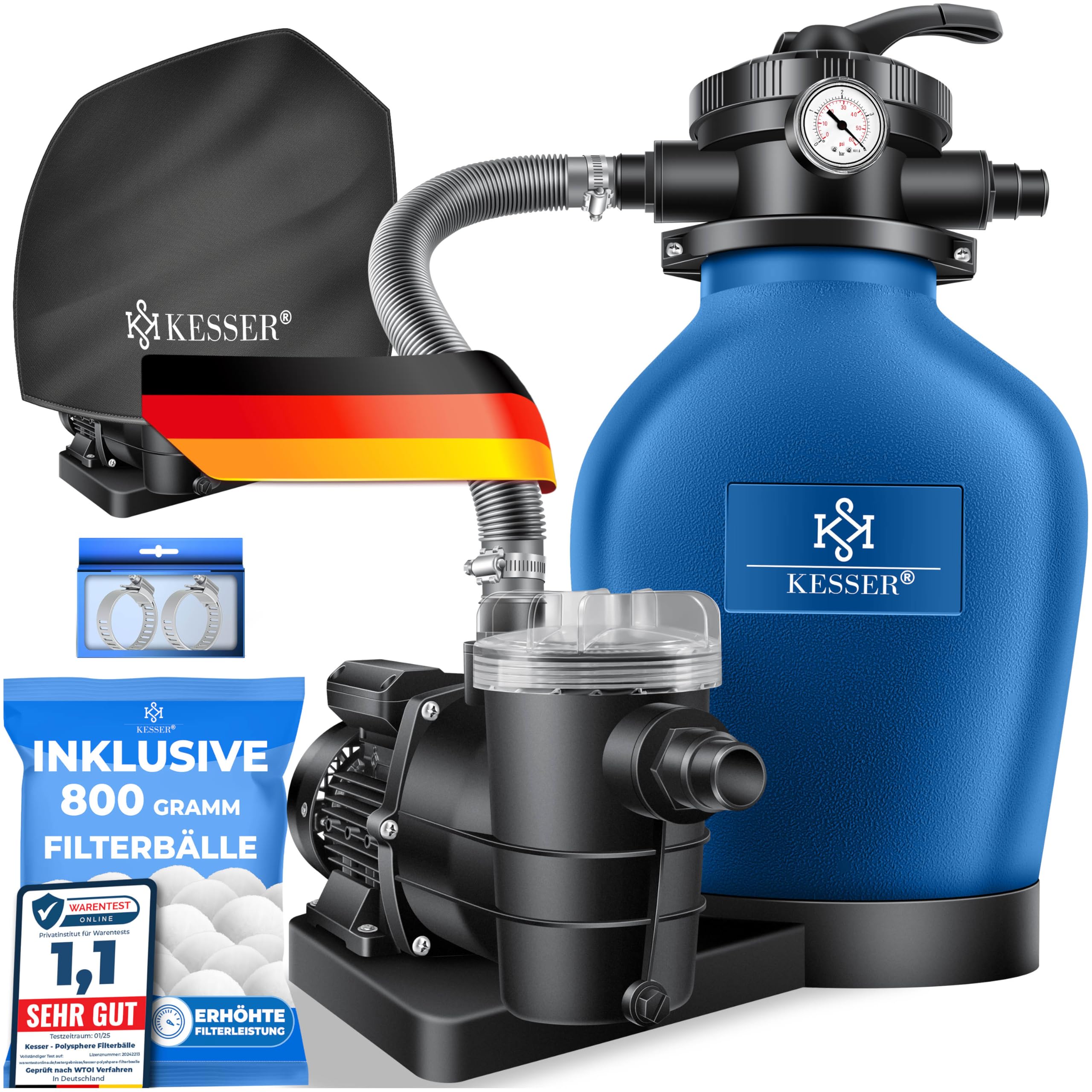 KESSER® Sandfilteranlage für Pool bis zu 60.000L, 10.200 L/h, 400W Pumpe, 20L Tank, 7-Wege-Ventil mit Druckanzeige mit 800g Filterbälle, Poolfilter 10 m³/h mit Adapter Ø32–38mm & Wettercover, Blau
