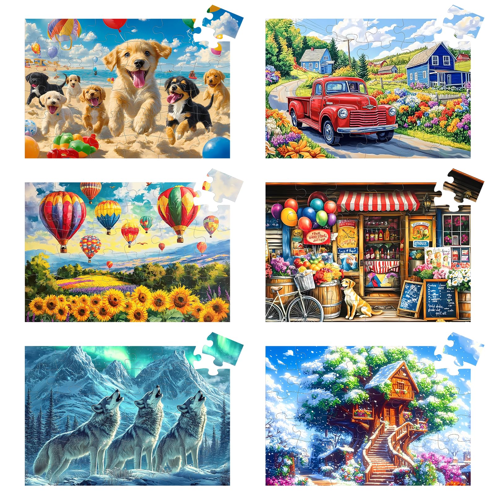 6 Packs 36 Large Piece Puzzle for Seniors - Dementia Puzzles for Elderly Adults,Wolf Dog Truck Easy Puzzle Alzheimers Memory Cognitive Game Gift for Patient in Nursing Home with 6 Storage Bags