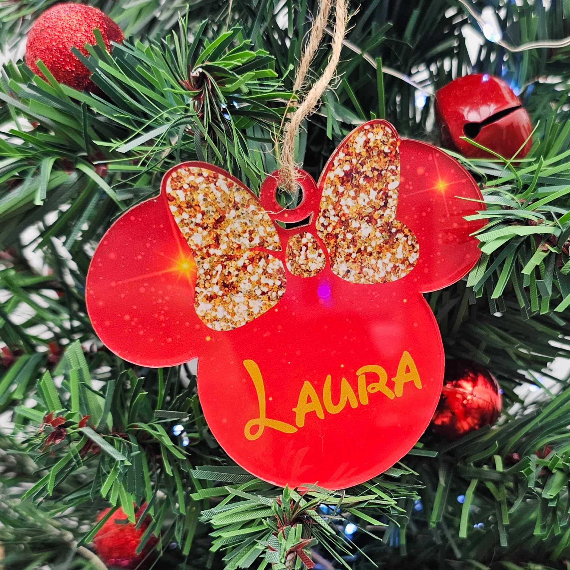 Add a Dash of Magic to Your Christmas Tree with Personalised Black Glitter Effect Mouse Christmas Baubles - Mouse Holiday Decorations, Custom Name (Red, Acrylic Girl Mouse)