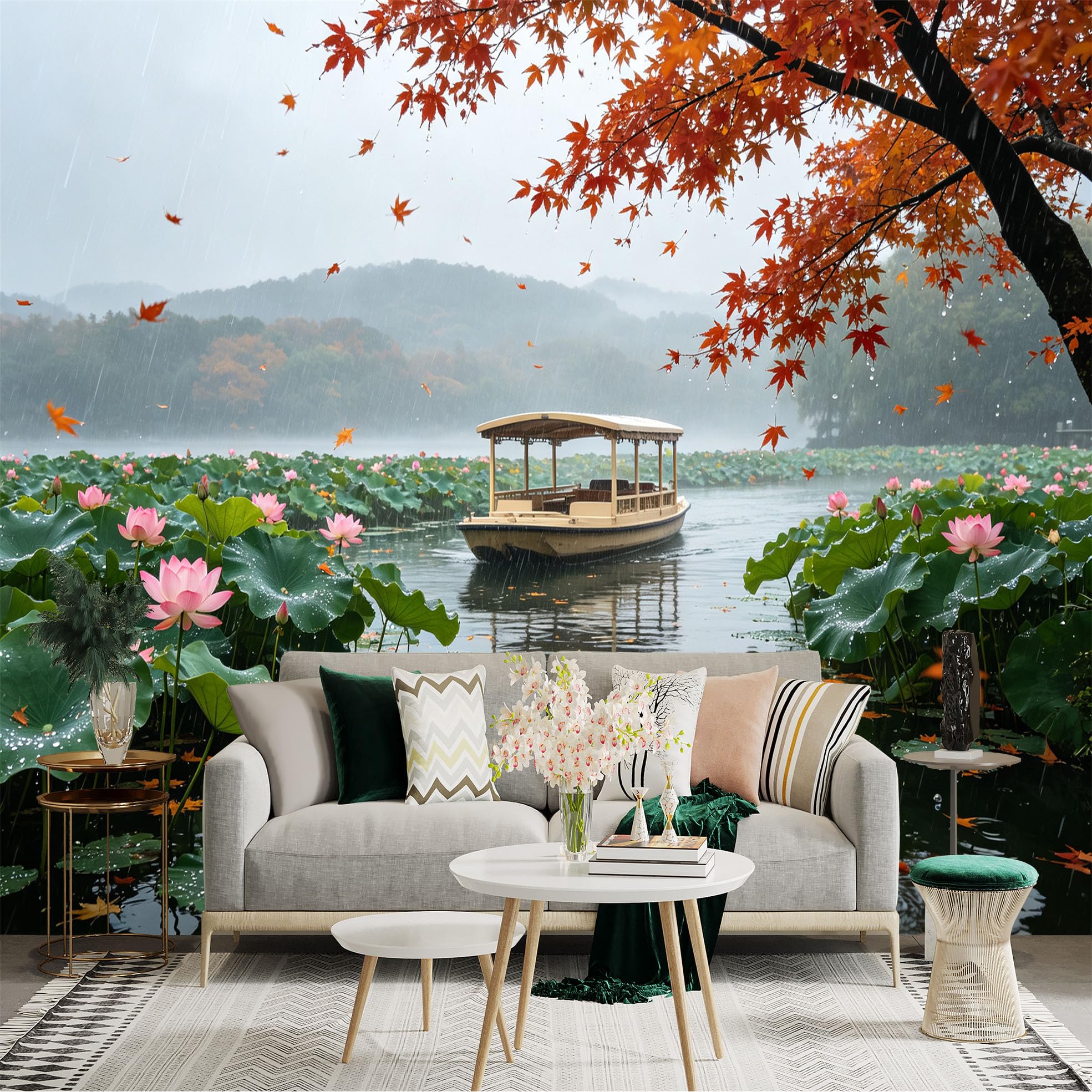 Custom Size Wall Sticker Mural， Rainy Lake with Lotus Flowers， Traditional Boat and Autumn Maple Leaves， for wall Decoration， peelandstick wall Decals.
