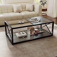 Bellemave 40 Inch Modern Industrial Coffee Table with Tempered Glass & Wood Top, Storage Shelf, X-Frame Metal Base, Easy Assembly