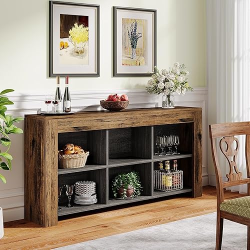 Miniatura 8 de Tribesigns Mesa consola de 63 pulgadas de largo, mesa de entrada de madera rústica con 6 cubos de almacenamiento, mesa de sofá industrial estrecha