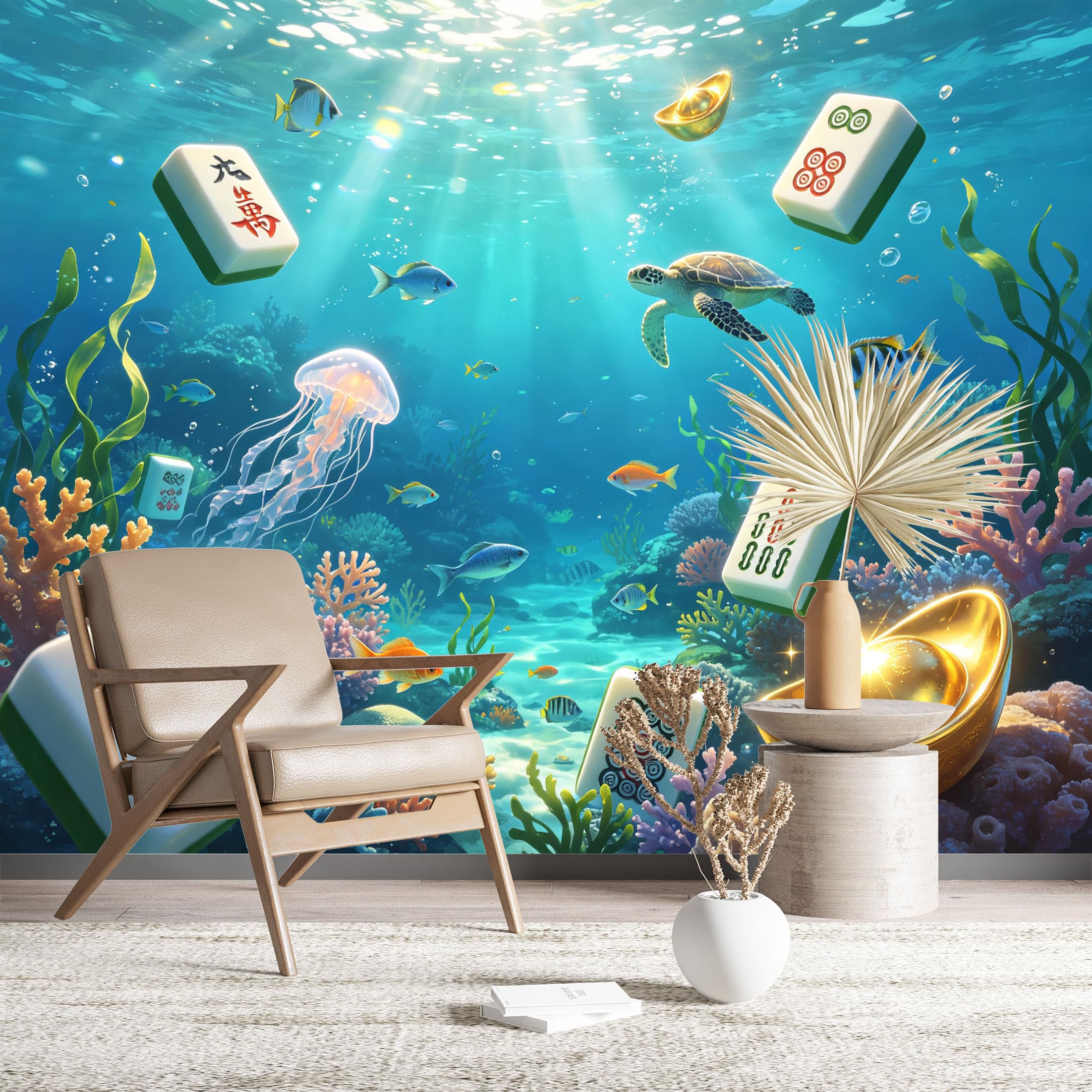 Custom Size Wall Murals Unique Underwater Mahjong and Gold Treasure Wall Stickers Self-Adhesive Wall Fabric (NO PVC) Removable Wallpaper for Living Room Home Decor