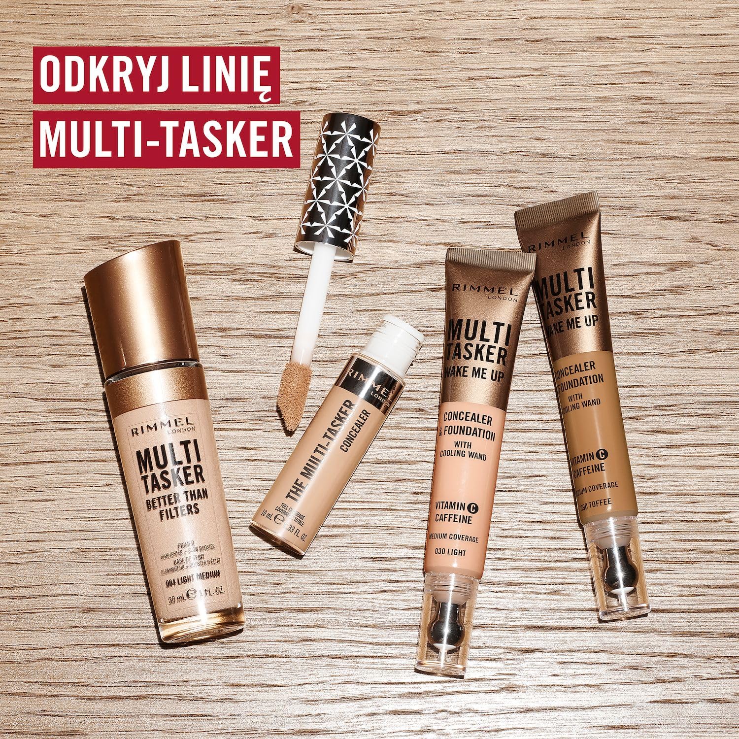 Rimmel Multi Tasker Wake Me Up rozświetlający korektor z masującym aplikatorem, witaminą C i niacynamidem, 30 Light, 20 ml