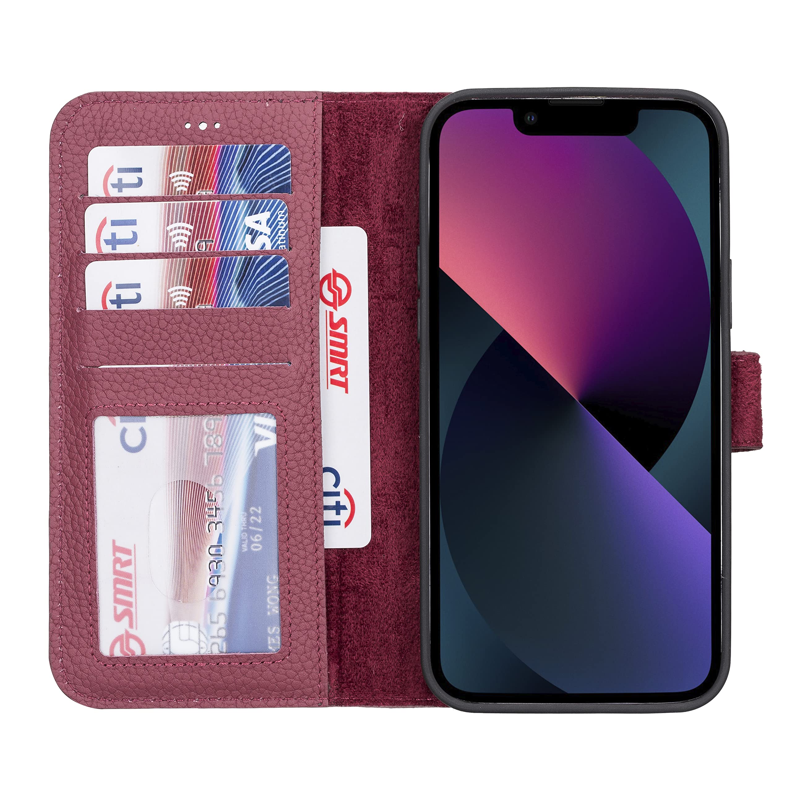 HARDISTON Genuine Premium Leather Handmade Wallet Case for iPhone 13 Pro Max Detachable Magnetic Flip Cover with Card Holders - Horizontal Kickstand Perfect Protection for All Edges (Burgundy)