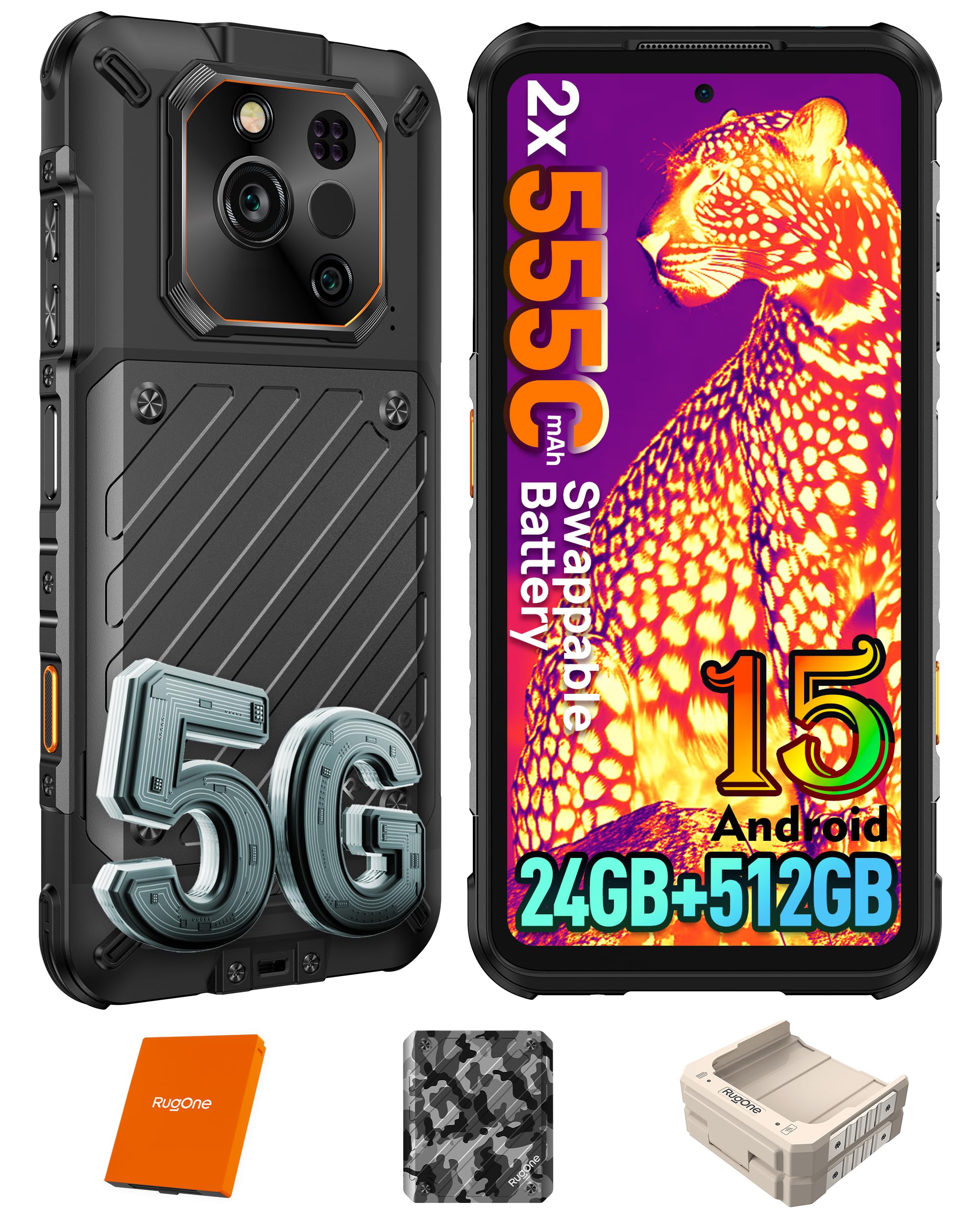 RUGONE Xever 7 Pro Cellulare, 5G con Batteria Sostituibile (2×5550mAh) AI Telefono 64MP Visione Notturna + Termocamera 24GB+512GB/SD-2TB, Android 15 Rugged Smartphone 6.67" 120Hz AMOLED, E-SIM Nero