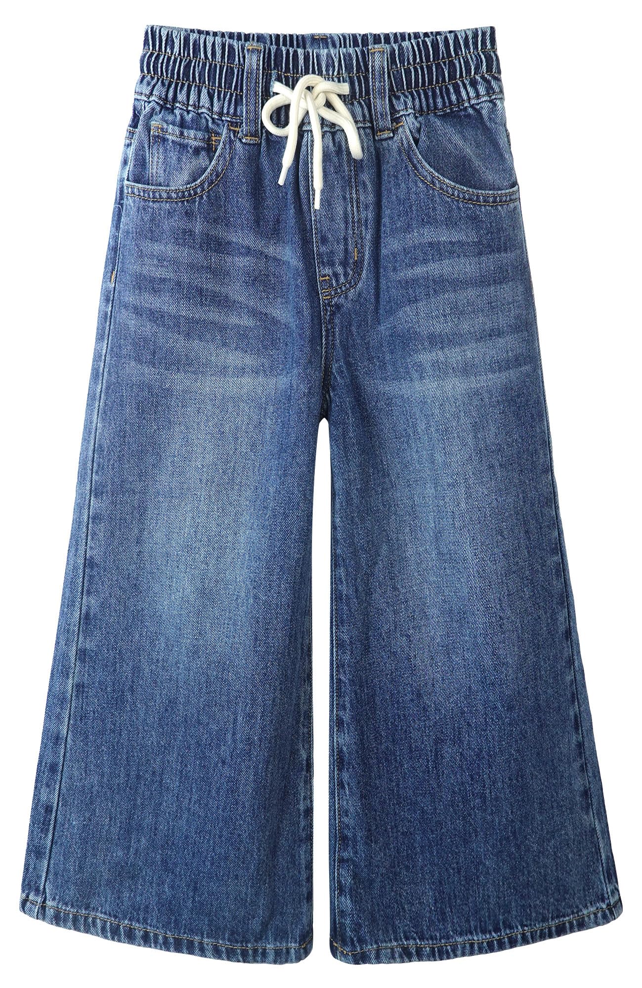 KIDSCOOL SPACE Pantalones de mezclilla de pierna ancha para niñas, 5-14T, cintura elástica suelta con cuerda acampanada