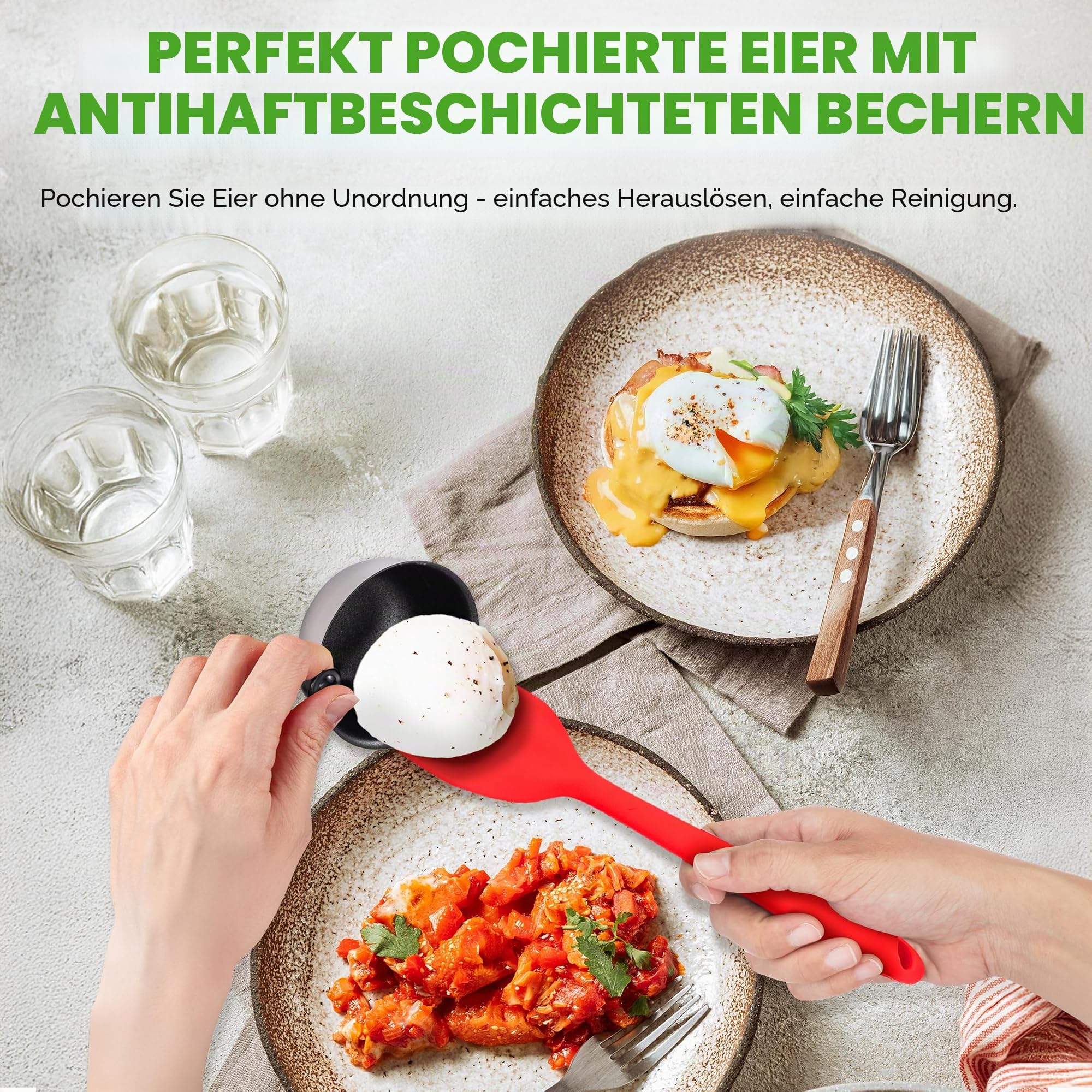 NutriChef Eier Pochierer Edelstahl 20 cm– Eierkocher Für 4 Eier, Pochierte Eier Form, Induktionsgeeignetes Mit Glasdeckel, Antihaft Bechern, Timer Und Spatel (Silber)