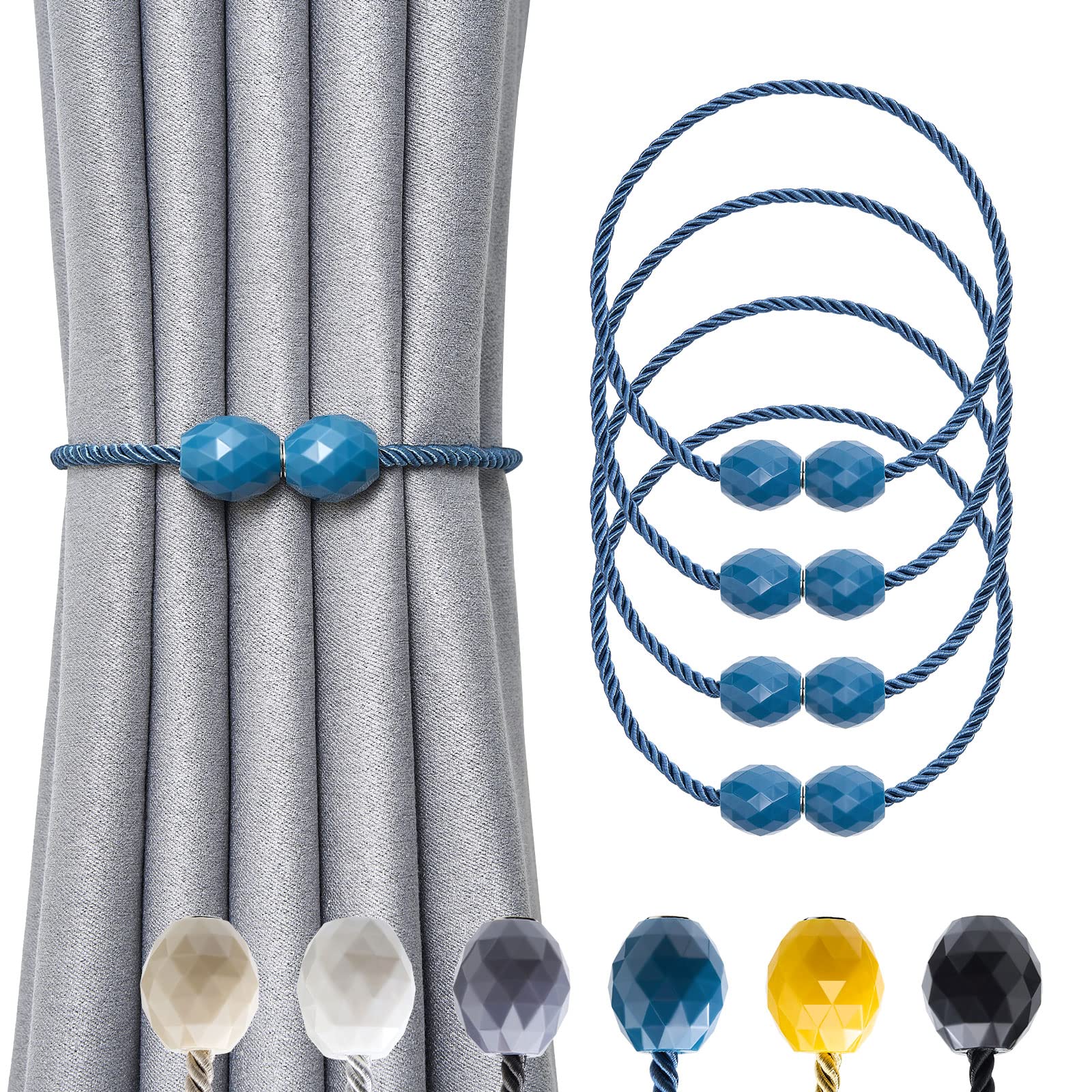 Pretty Jolly 4 Pack Magnetic Curtain Tiebacks Handmade Weave Rope Curtain Holdbacks Elegant Decorative Polyhedra Curtain Drape Tie Backs for Home & Office Thick & Thin Window Drapery (Blue)